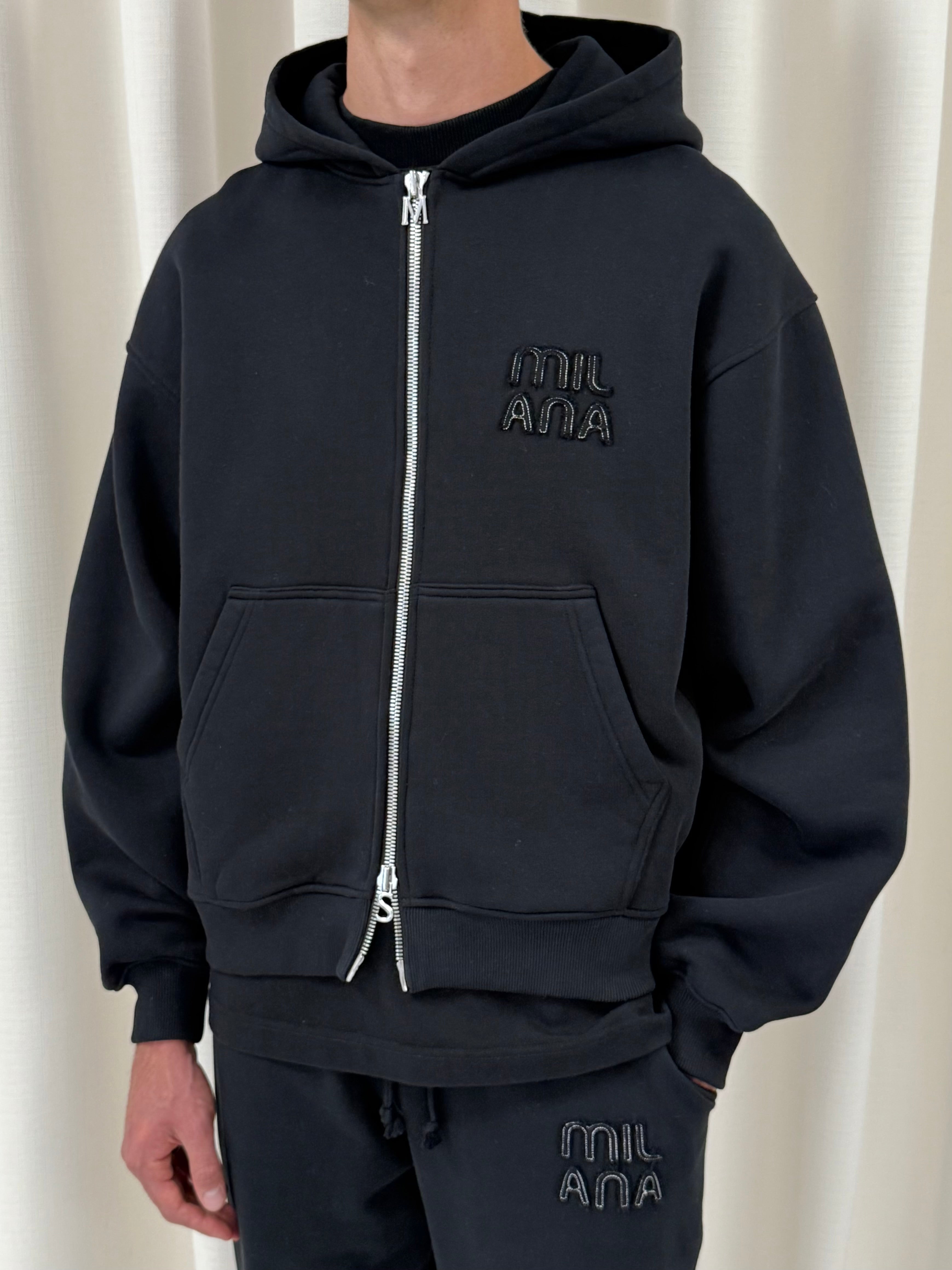 Black Milana Appliqué Heavyweight Zip Hoodie.