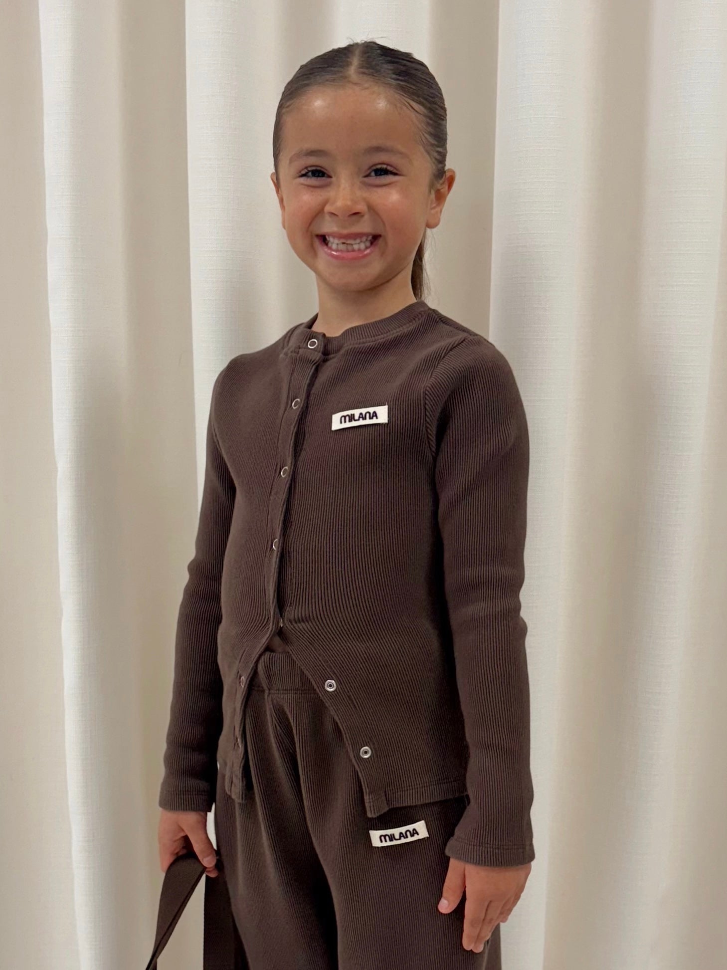Chocolate Brown Button Soft Rib Kids Long Sleeve.