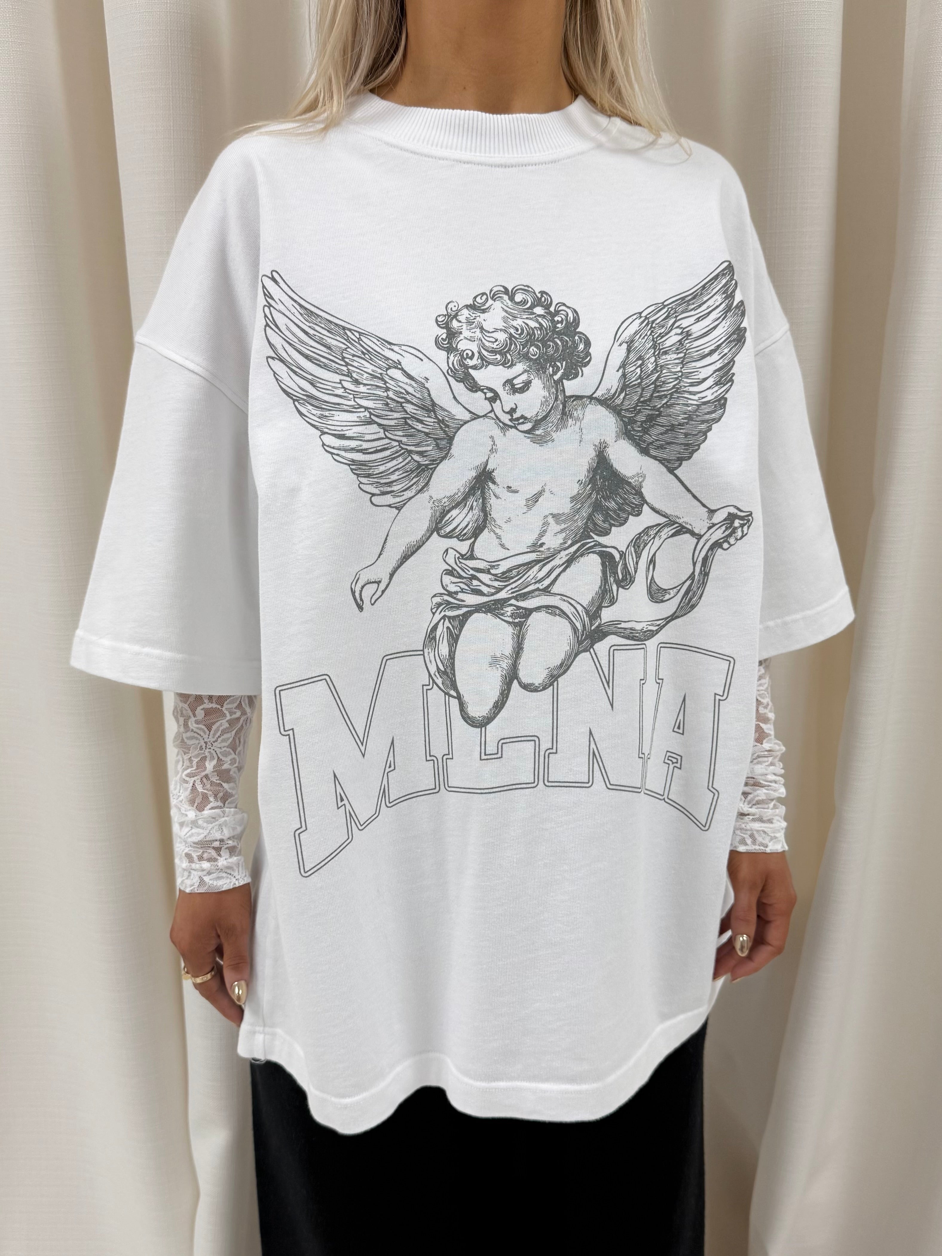 White Lace Stencilled Cherub Heavyweight T-shirt.