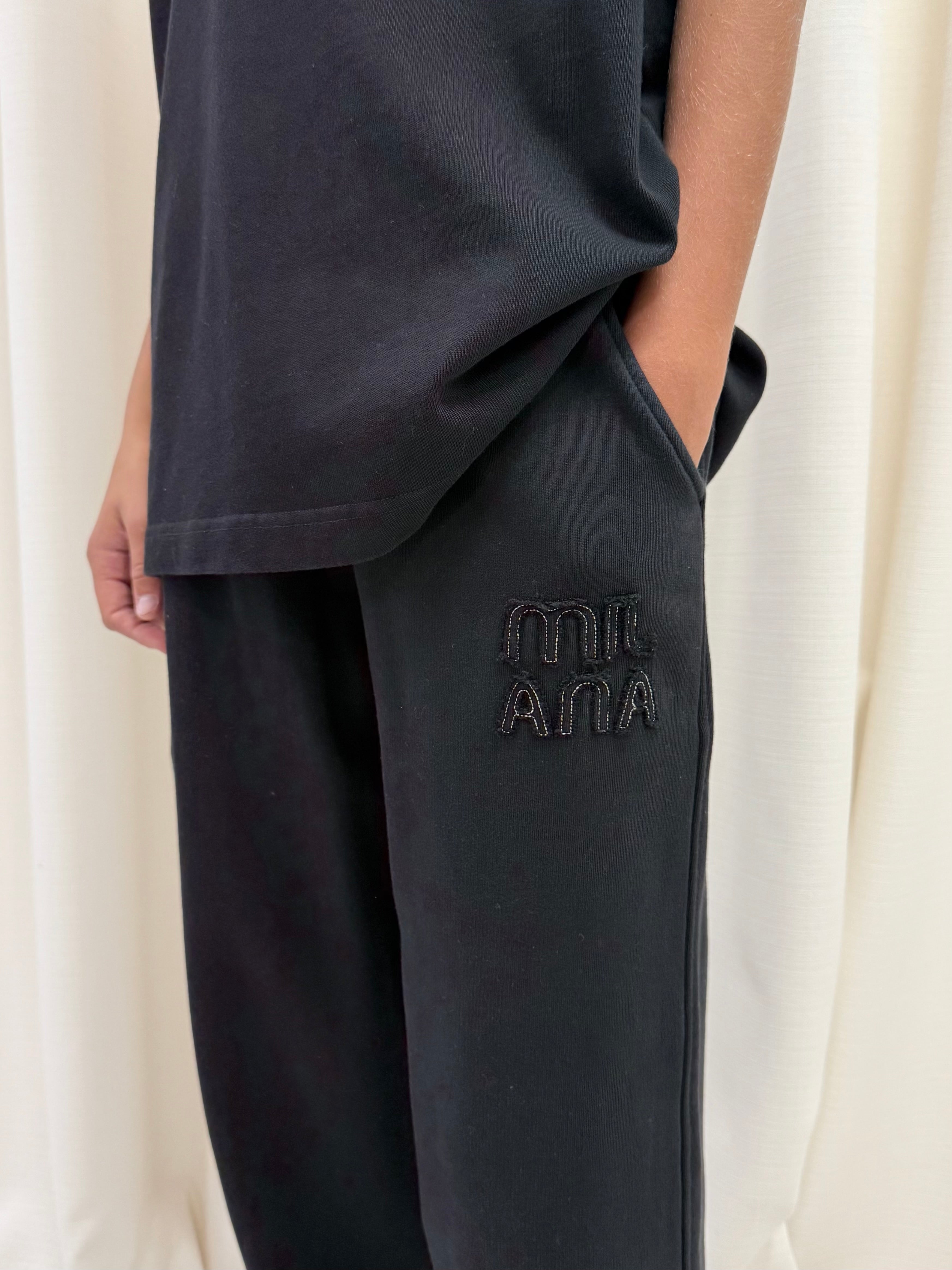 Black Appliqué Kids Relaxed Sweatpants.