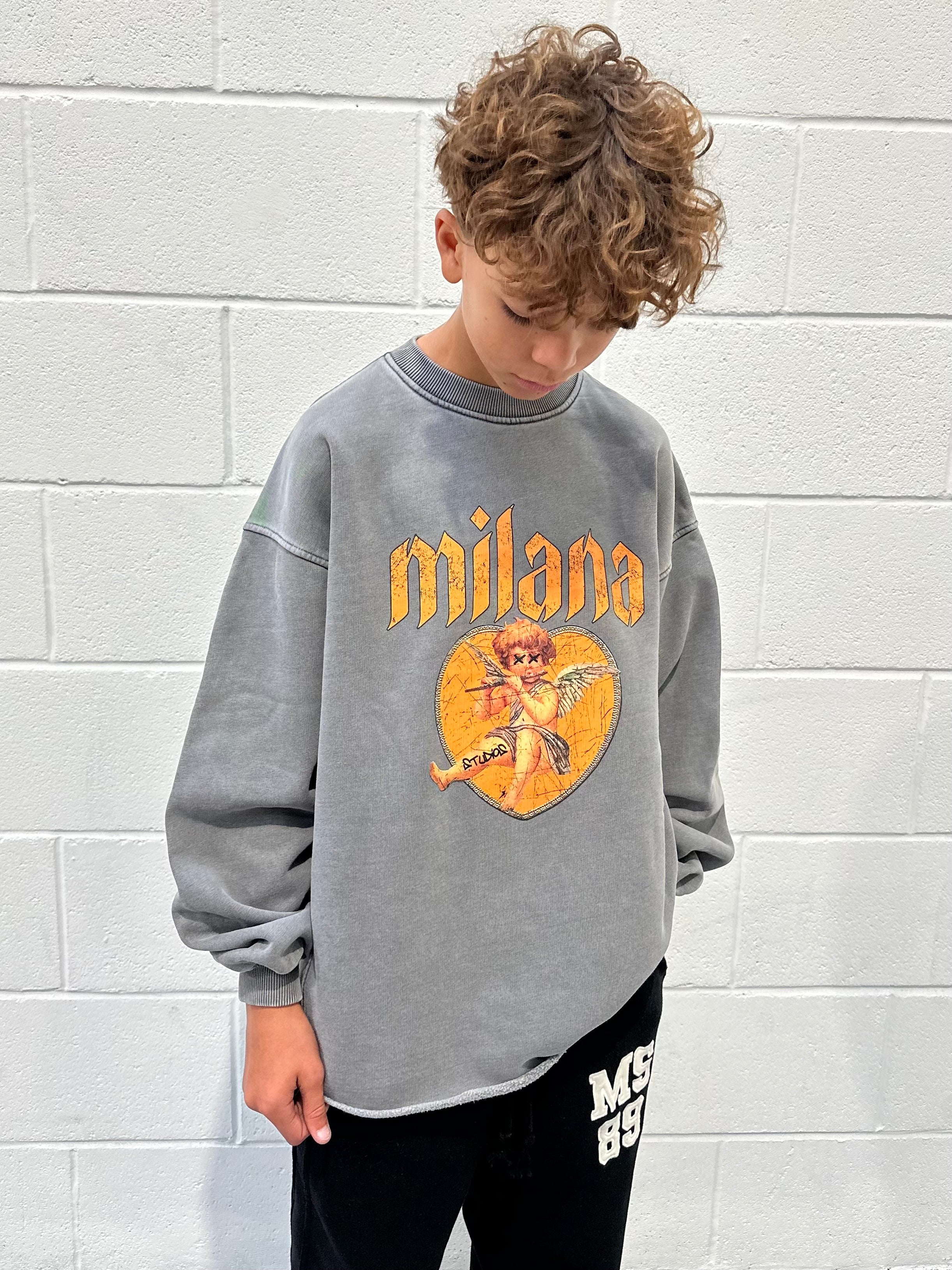 Washed Charcoal Cherub Kids Open Hem Sweatshirt.