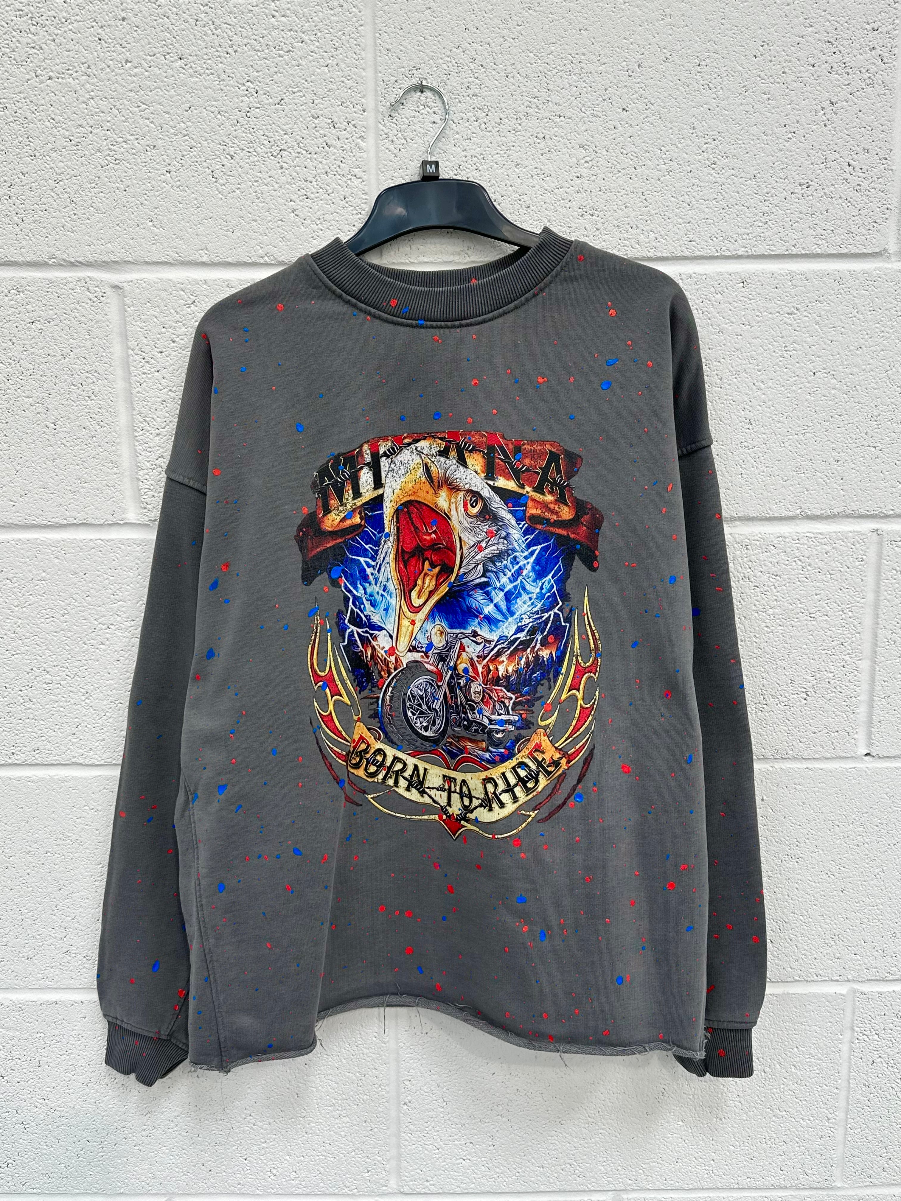 #L35 Washed Charcoal Splatter Eagle Heavyweight Sweatshirt.