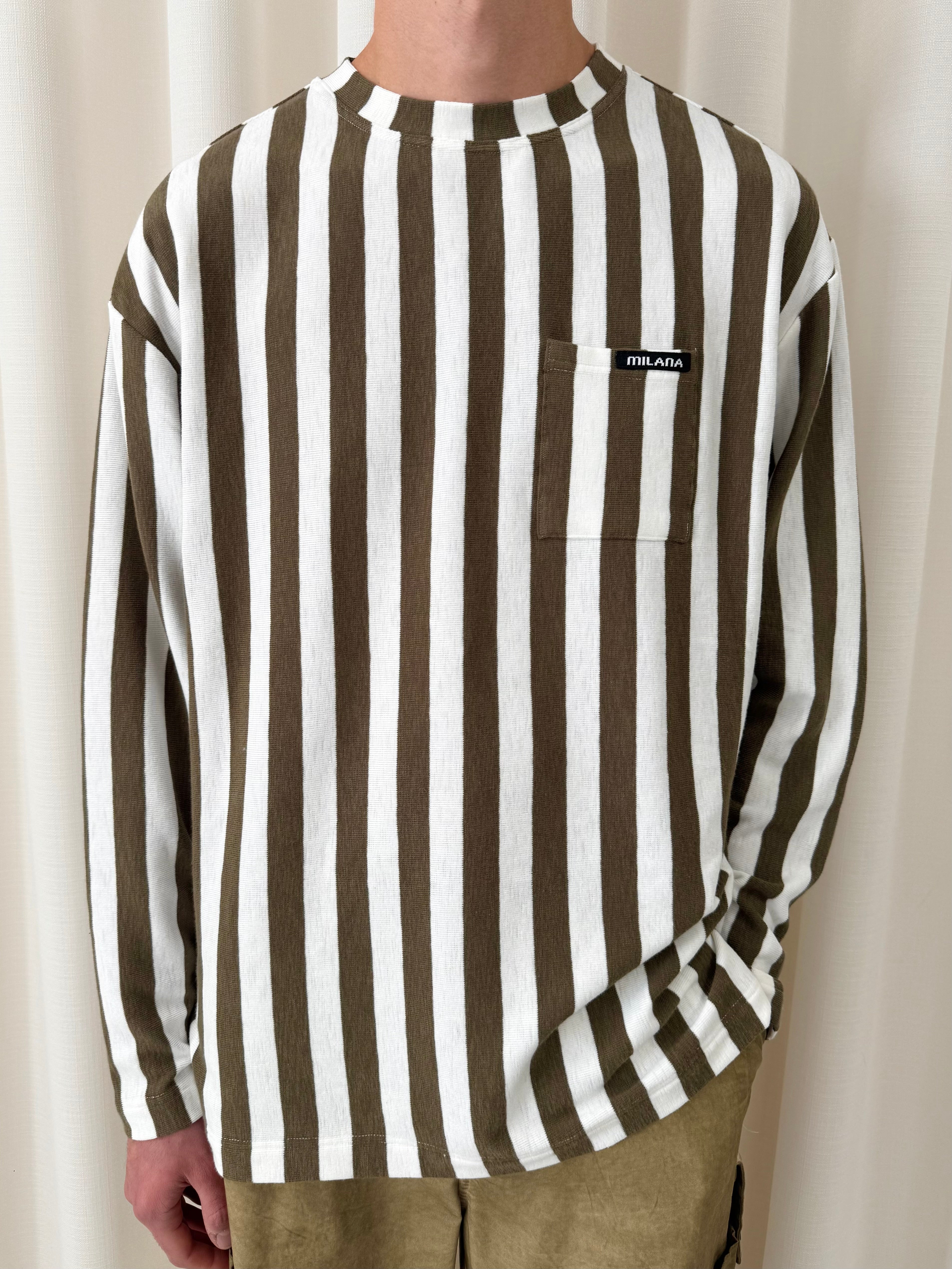 Khaki Green & Cream Striped Knitted Long Sleeve.