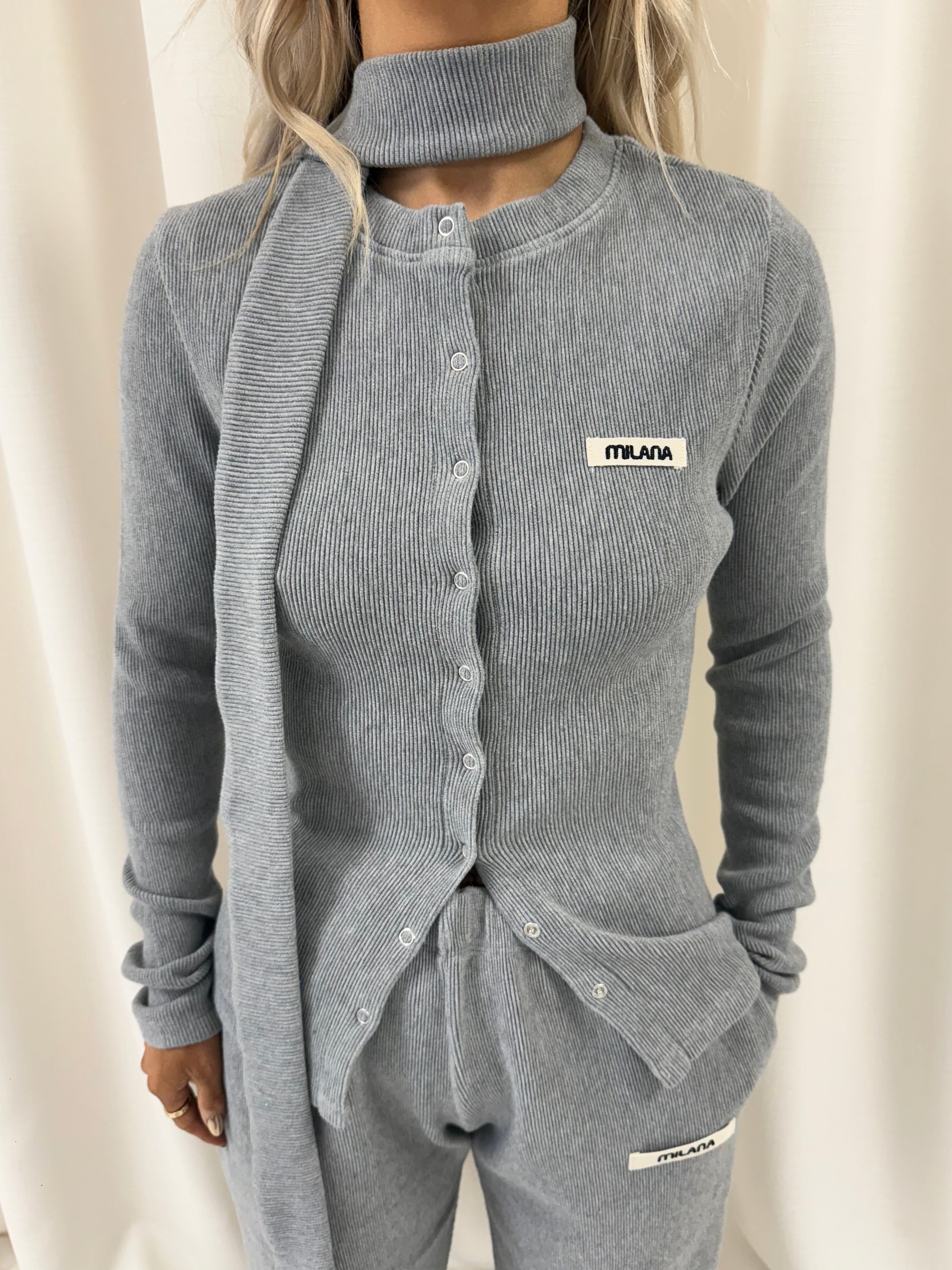 Marl Grey Core Button Soft Rib Long Sleeve.