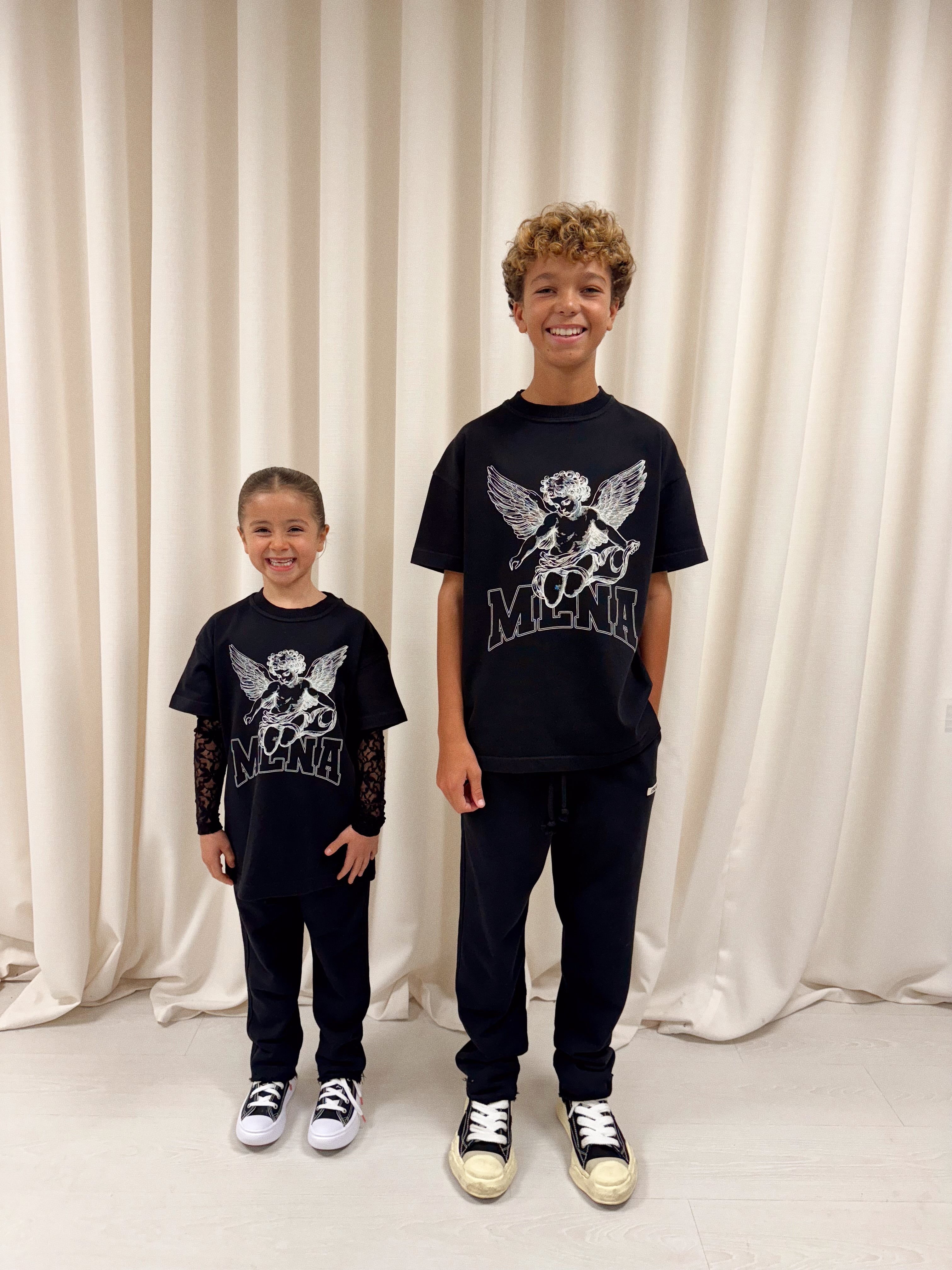 Black Stencilled Cherub Lace Kids Long Sleeve.