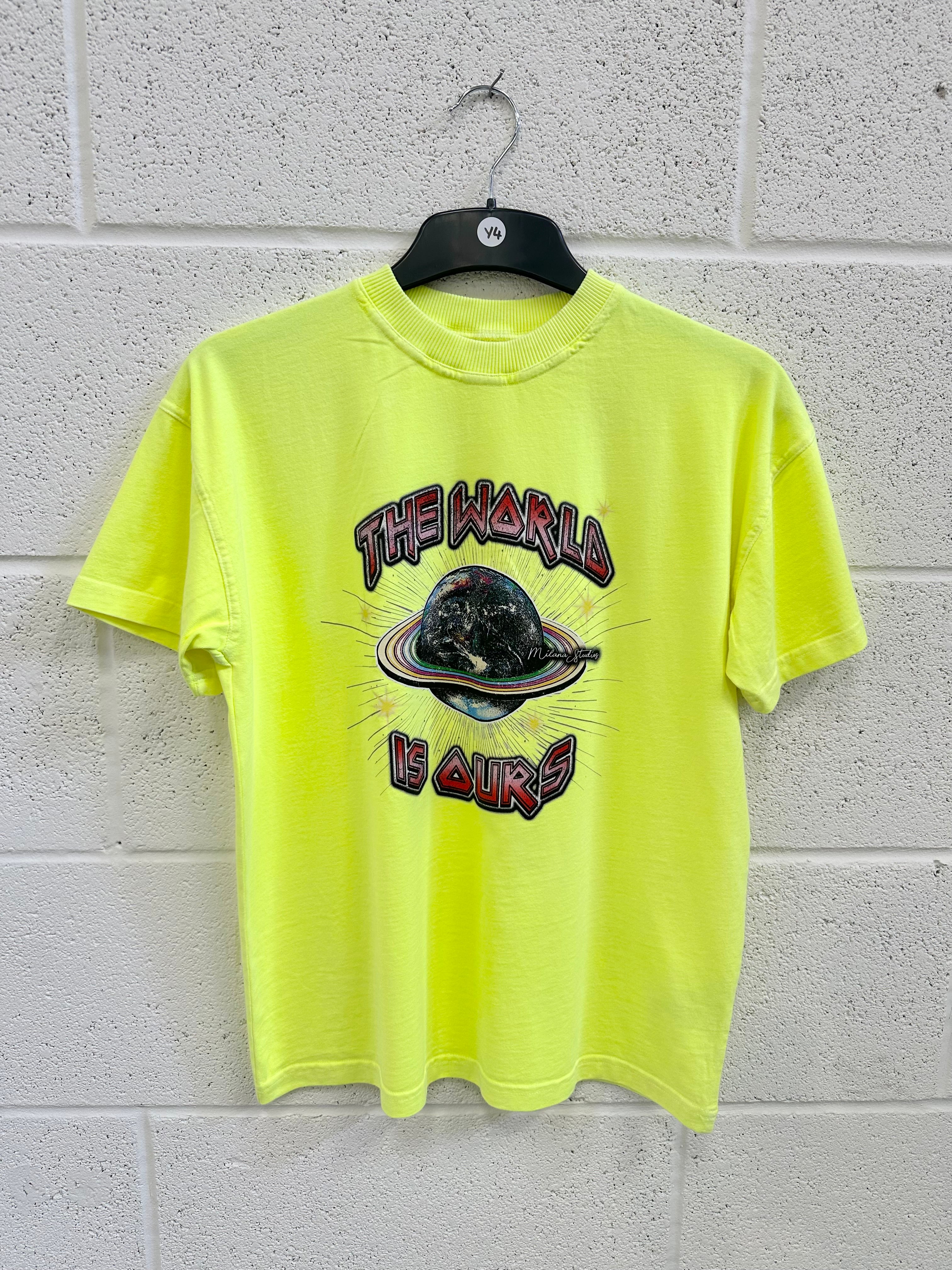 #Y4 Kids Washed Neon Yellow Planet T-shirt.