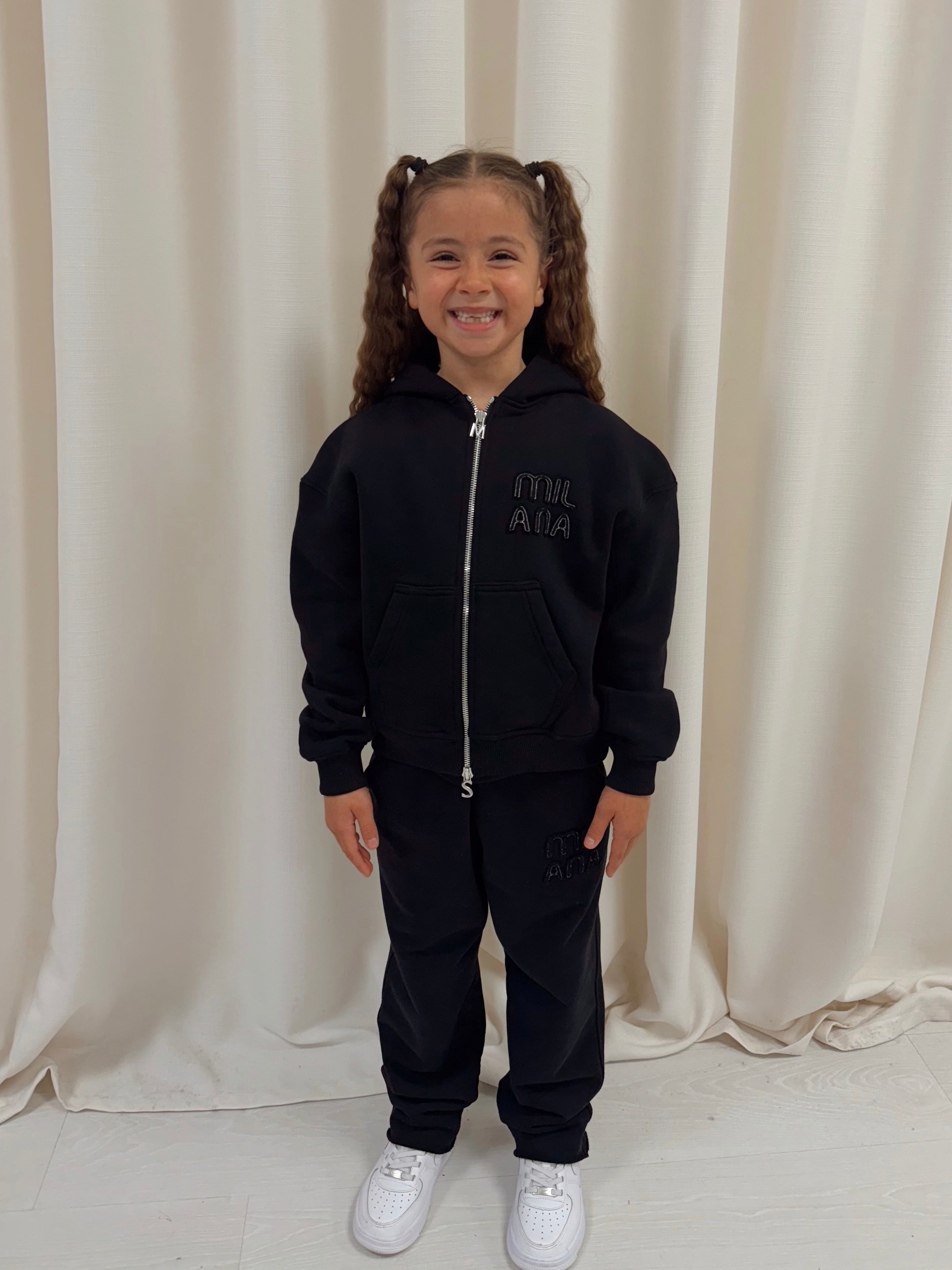 Black Appliqué Kids Zip Hoodie.