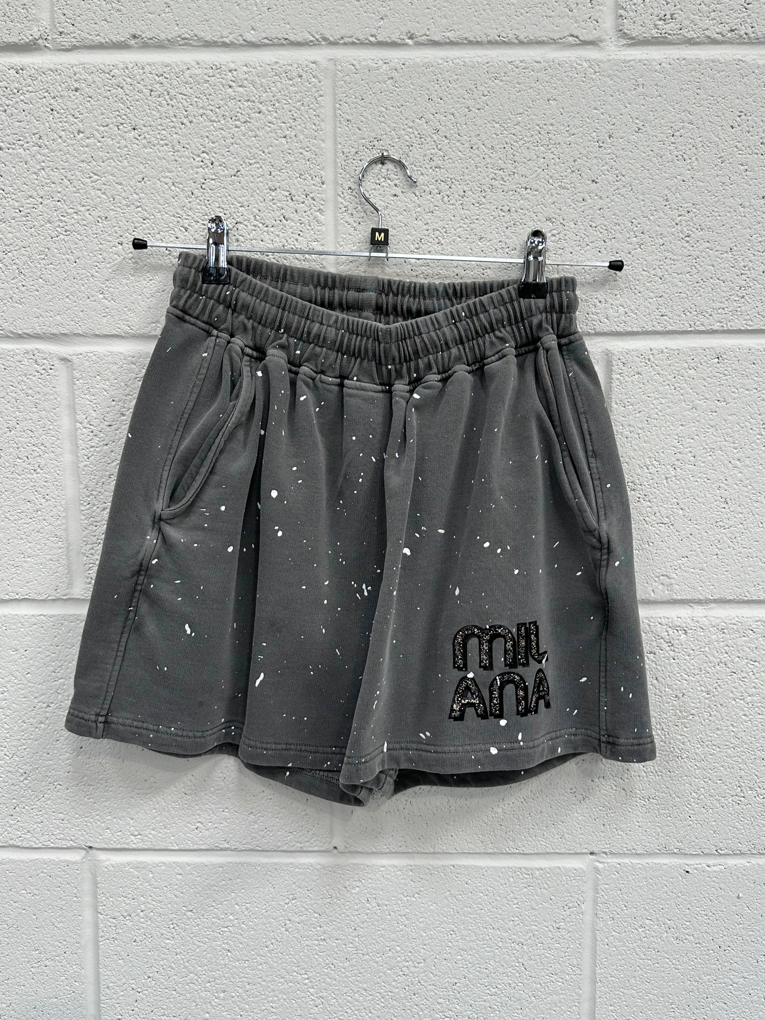 #M14 Washed Charcoal Splatter Embellished Mini Shorts.