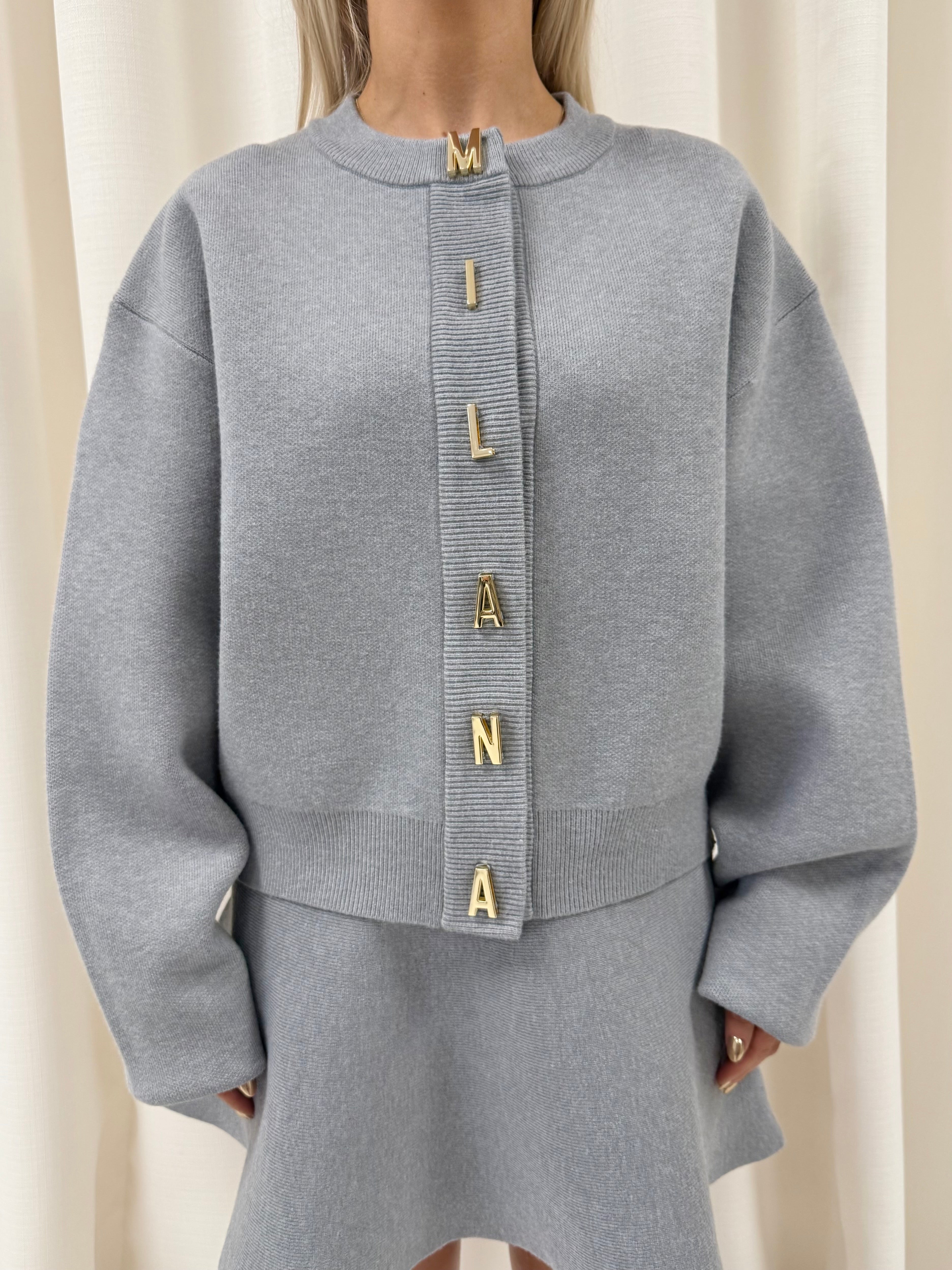 Grey Milana Lettered Knitted Cardigan.