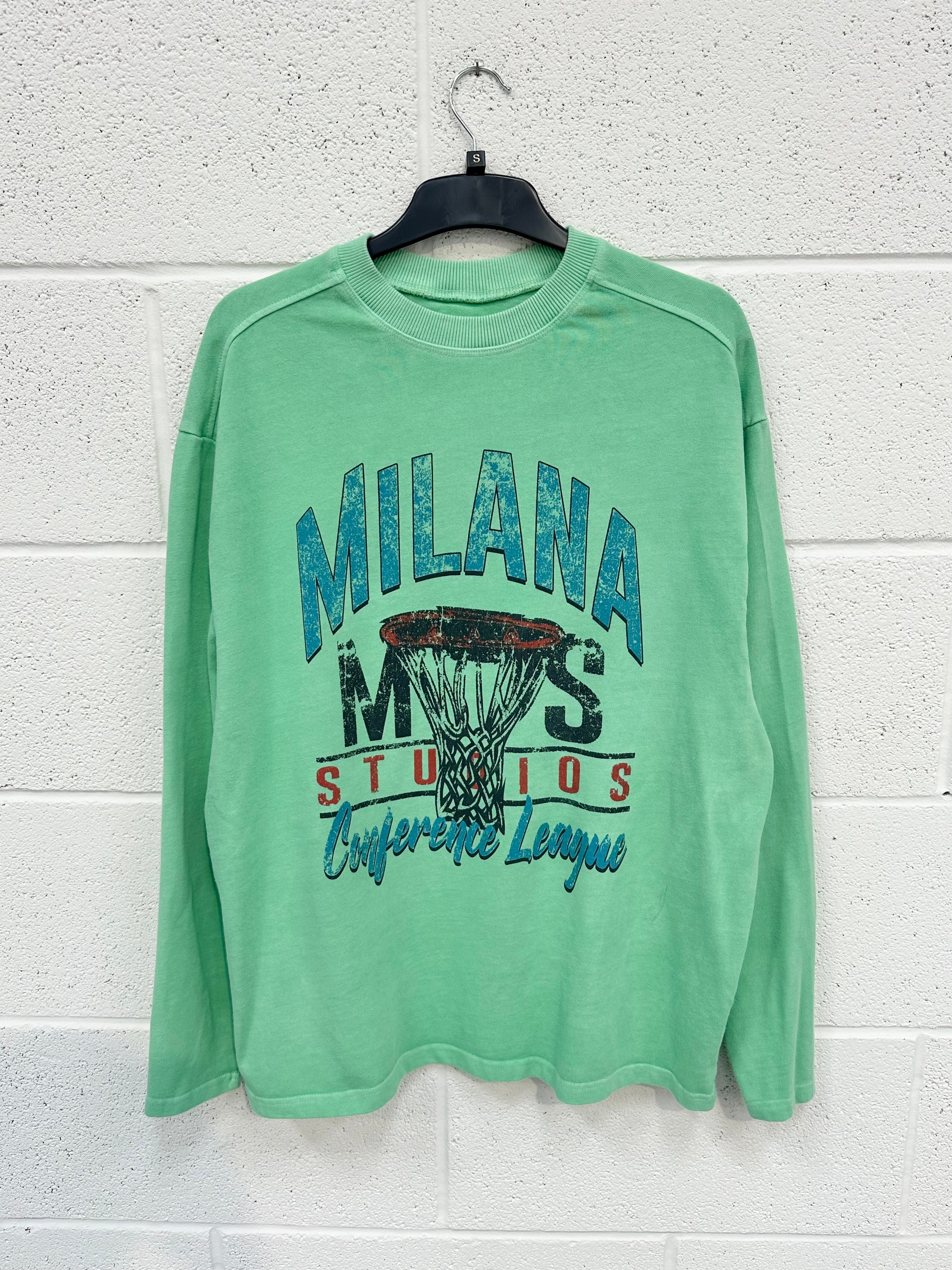 #O1 Washed Powder Green Graphic Heavyweight Long Sleeve.