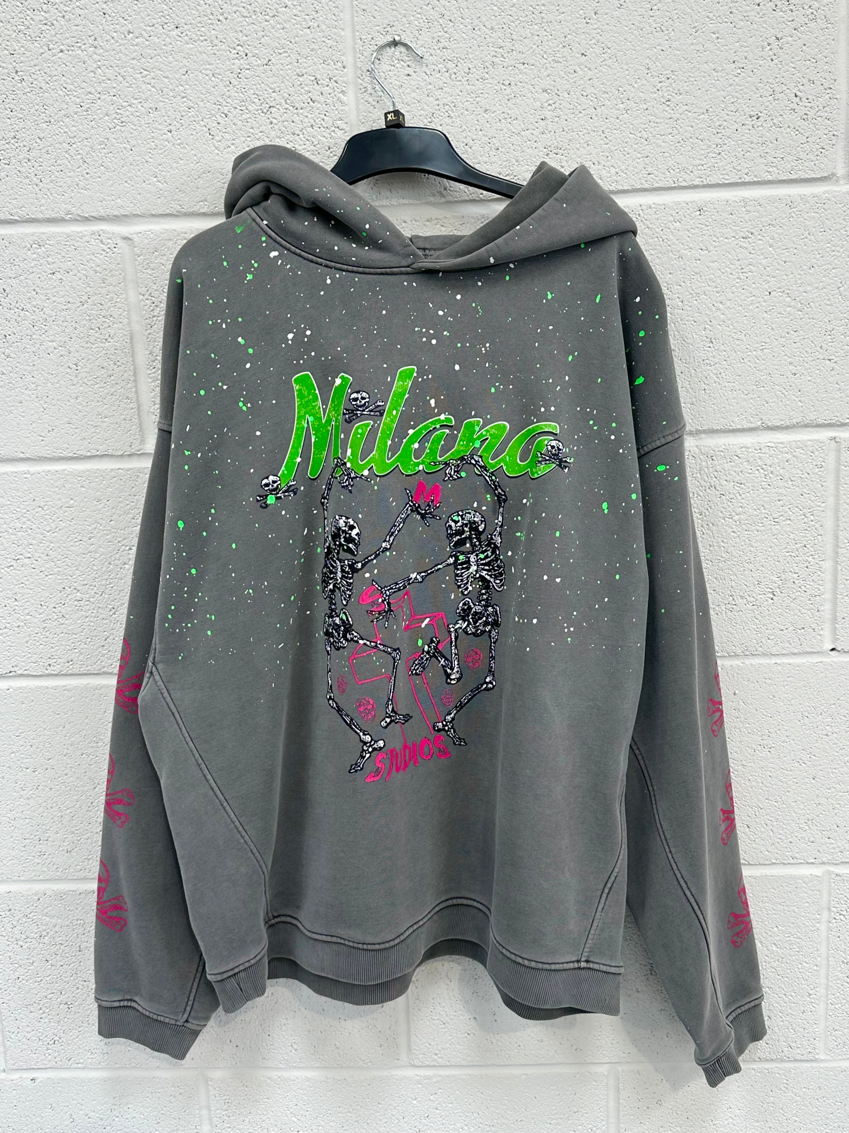 #A8 Washed Charcoal Skeleton Splatter Heavyweight Hoodie.