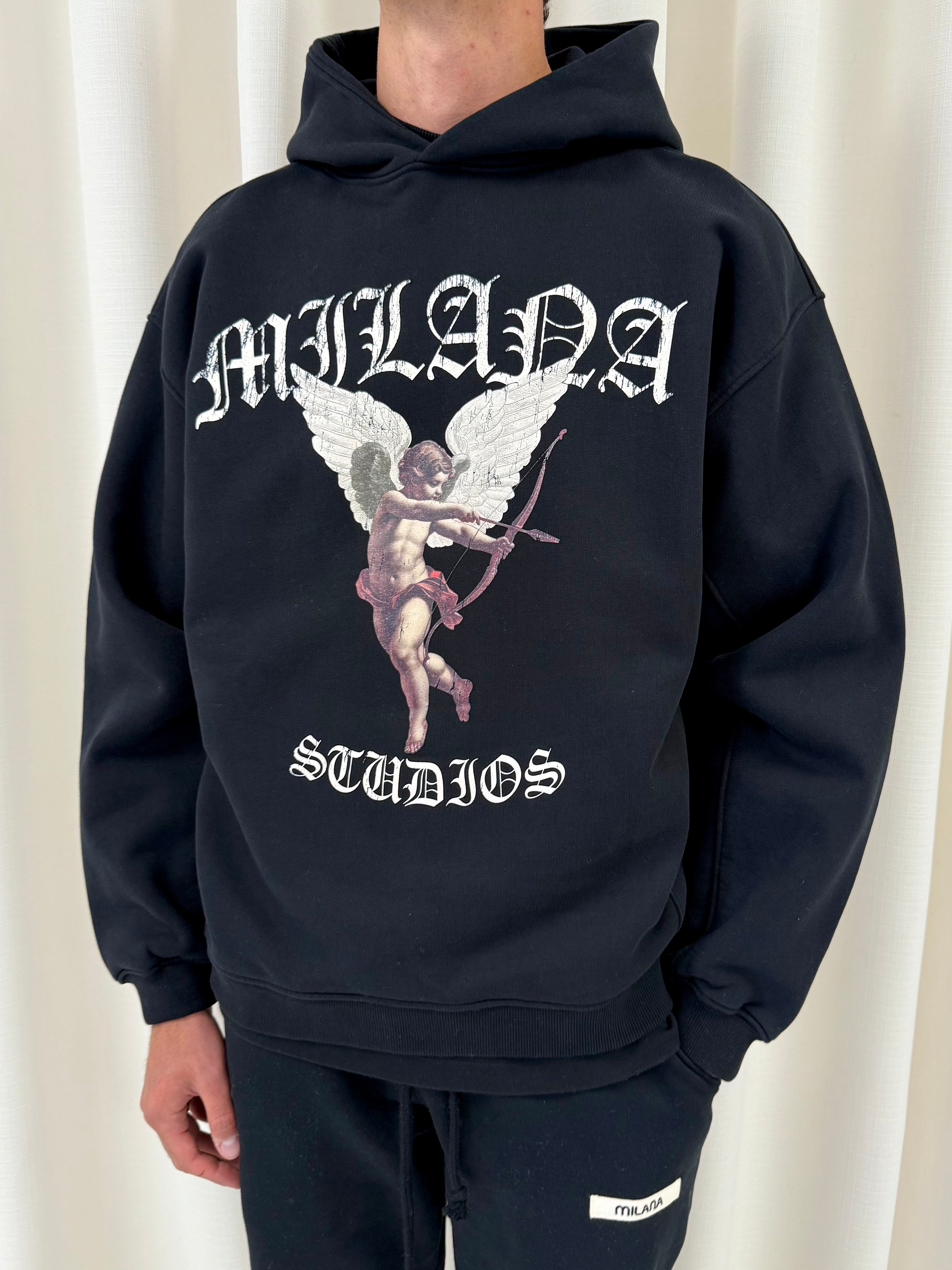 Black Vintage Cherub Heavyweight Hoodie.