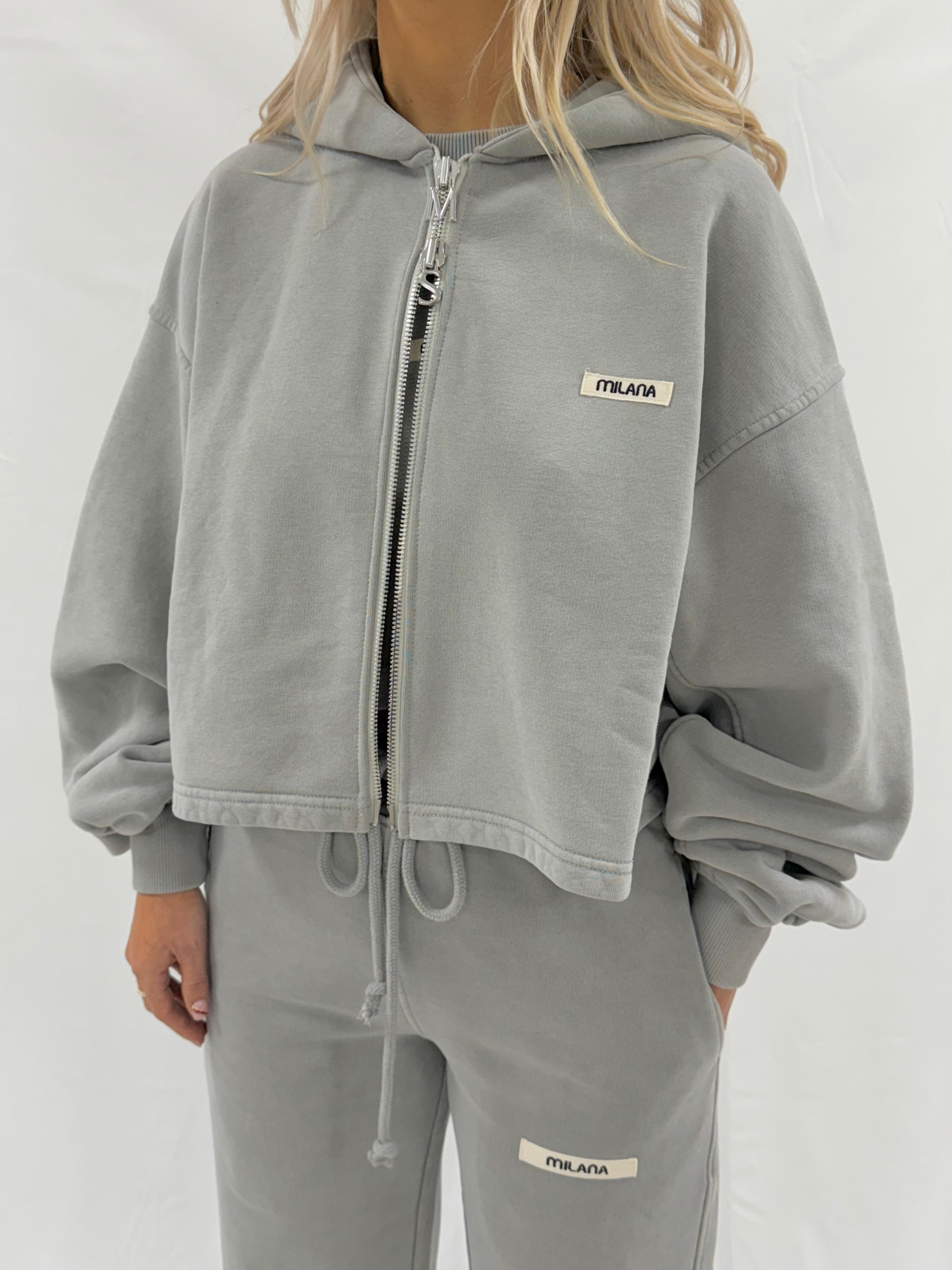 Washed Ash Grey Core Heavyweight Cropped Zip Hoodie.