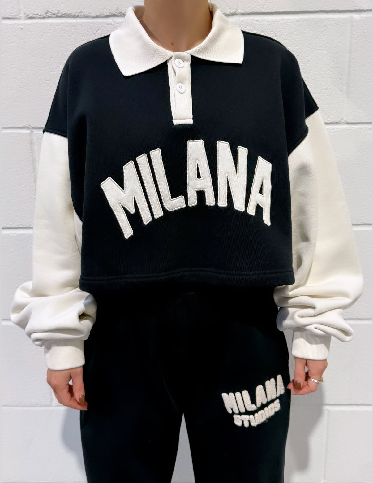 Black Milana Button Cropped Heavyweight Polo Sweat.