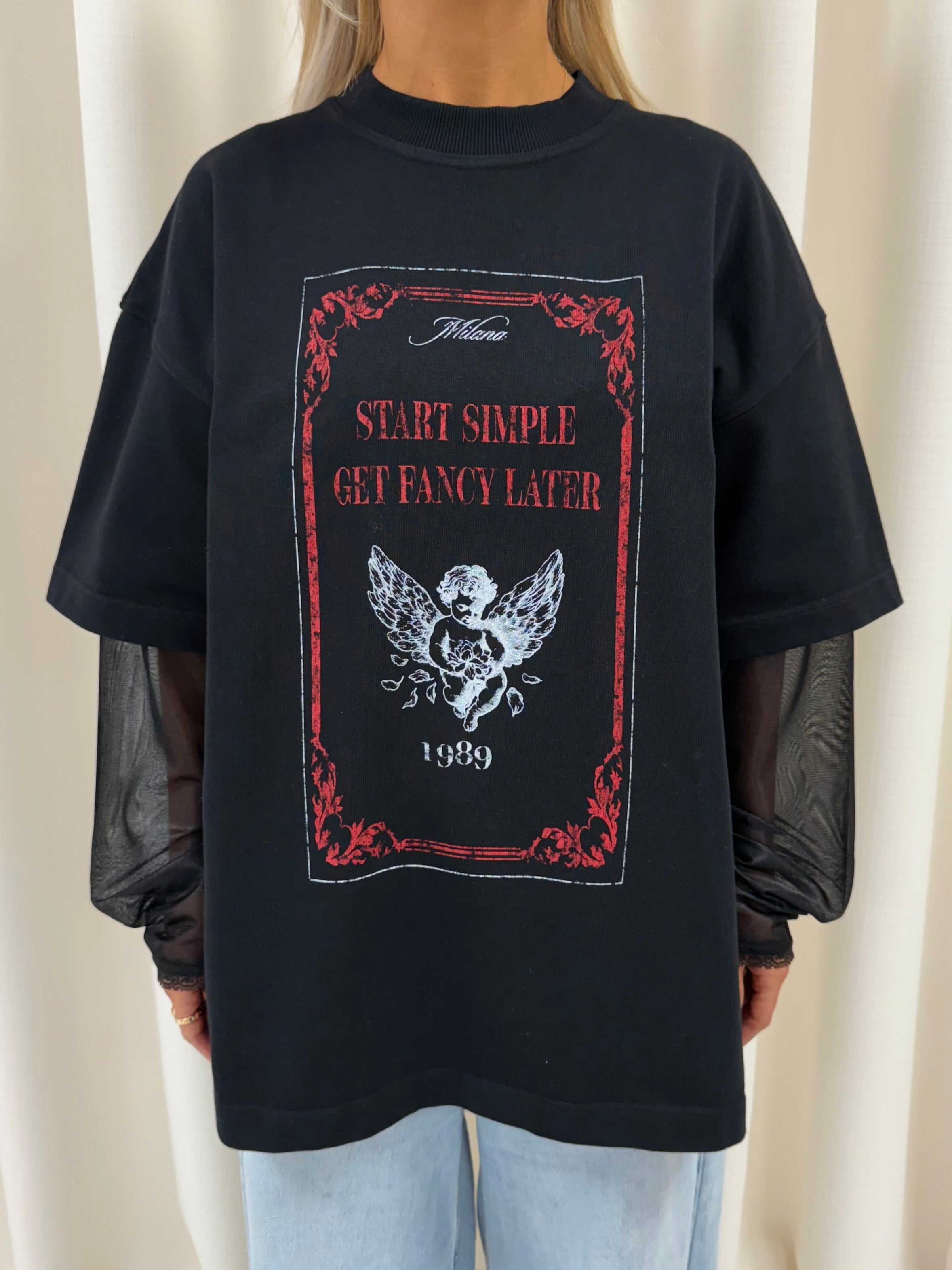 Black Cherub Stamp Mesh Heavyweight Long Sleeve.