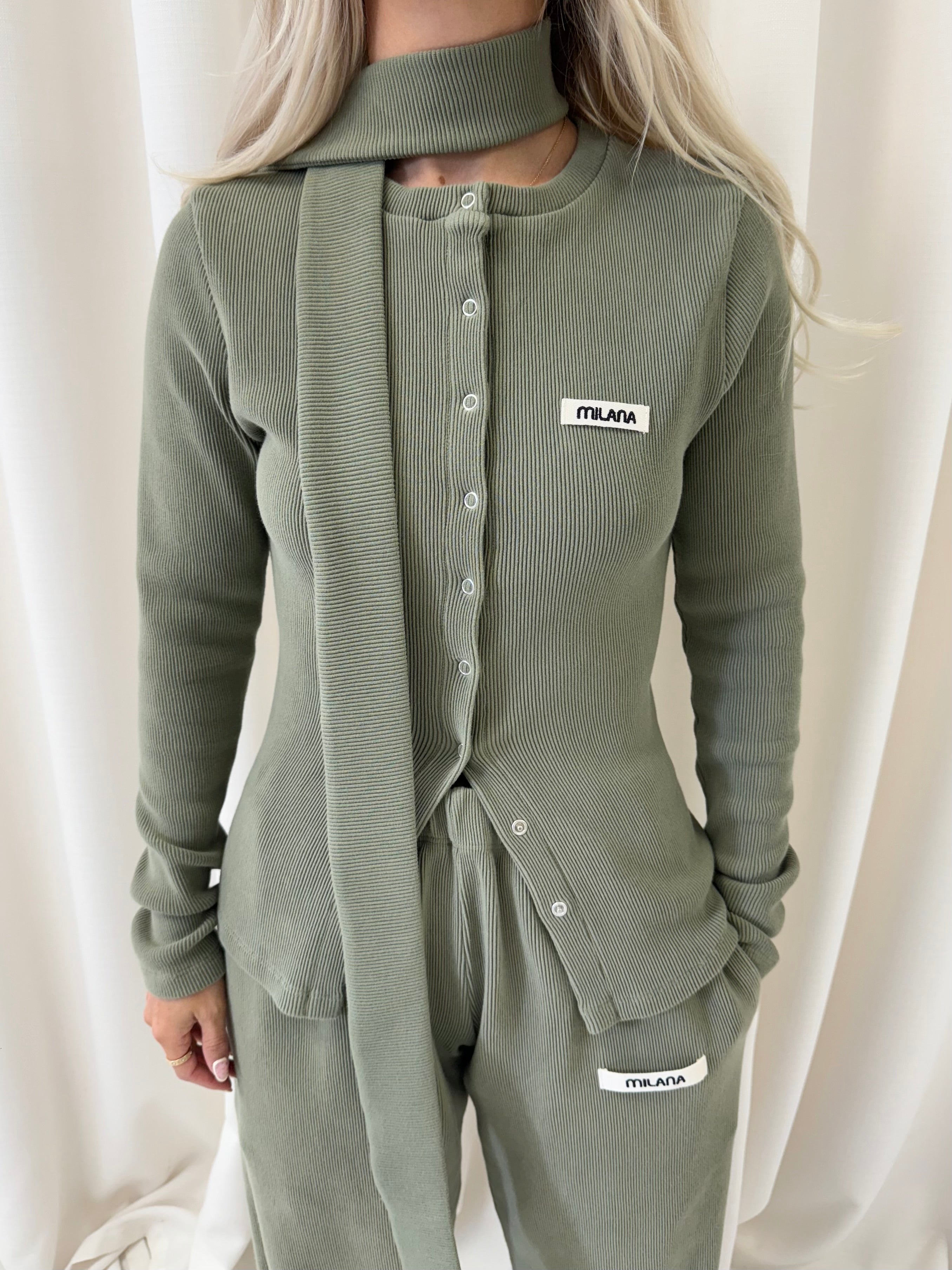 Khaki Green Core Button Soft Rib Long Sleeve.