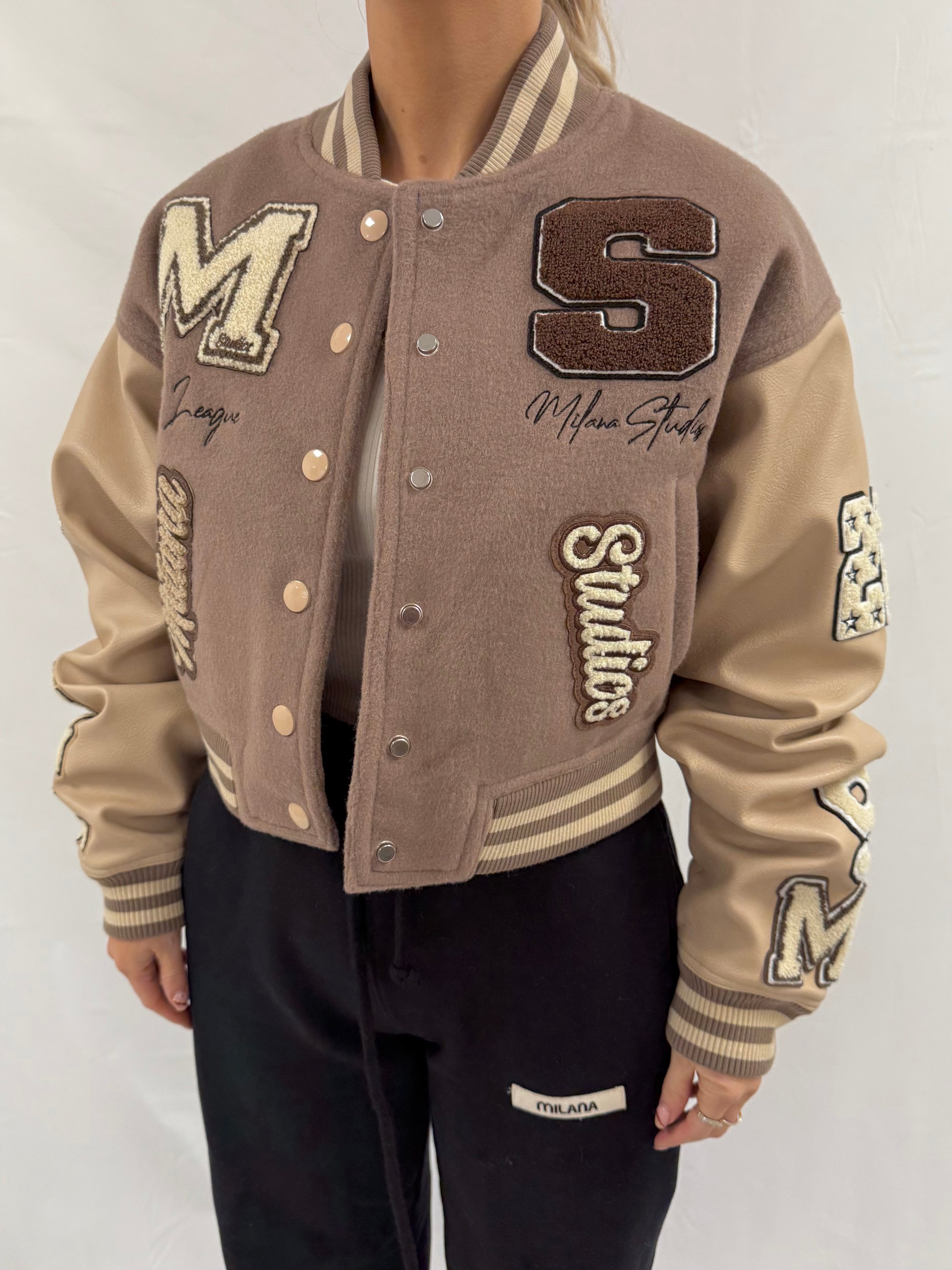 Brown Heavyweight Cropped Varsity Bomber Jacket.