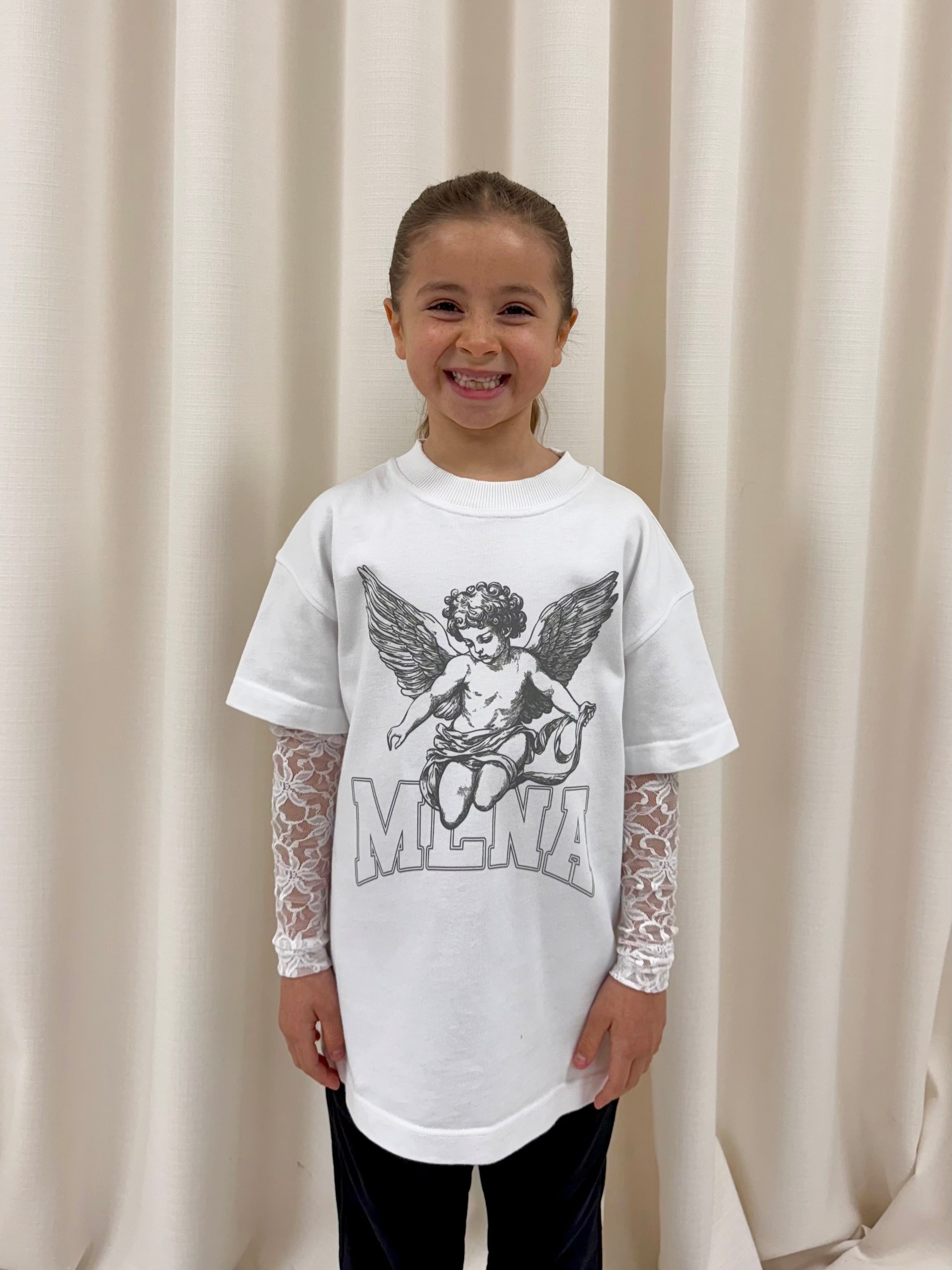 White Stencilled Cherub Lace Kids Long Sleeve.
