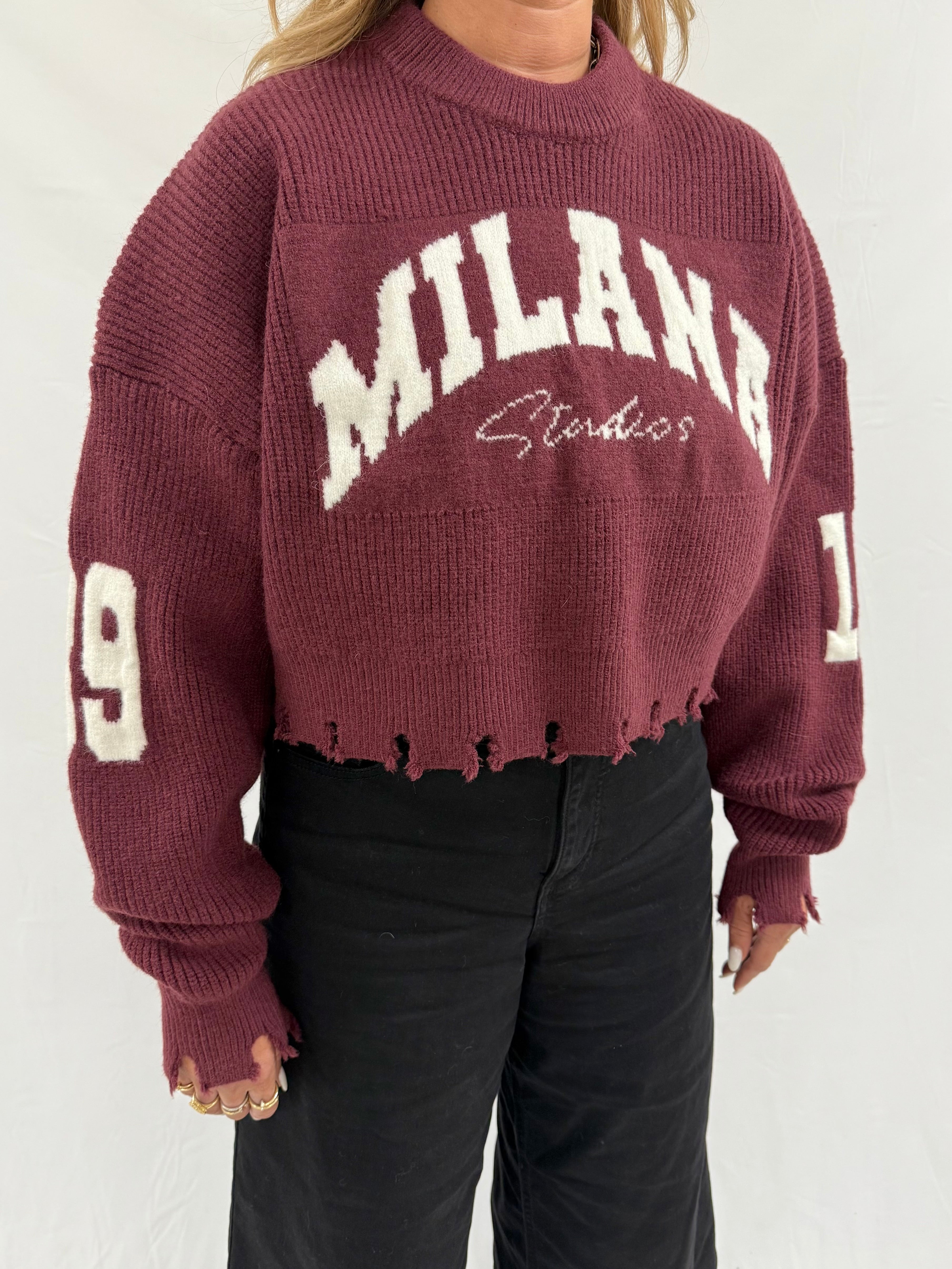 Burgundy 1989 Heavyweight Cropped Knitted Sweatshirt.