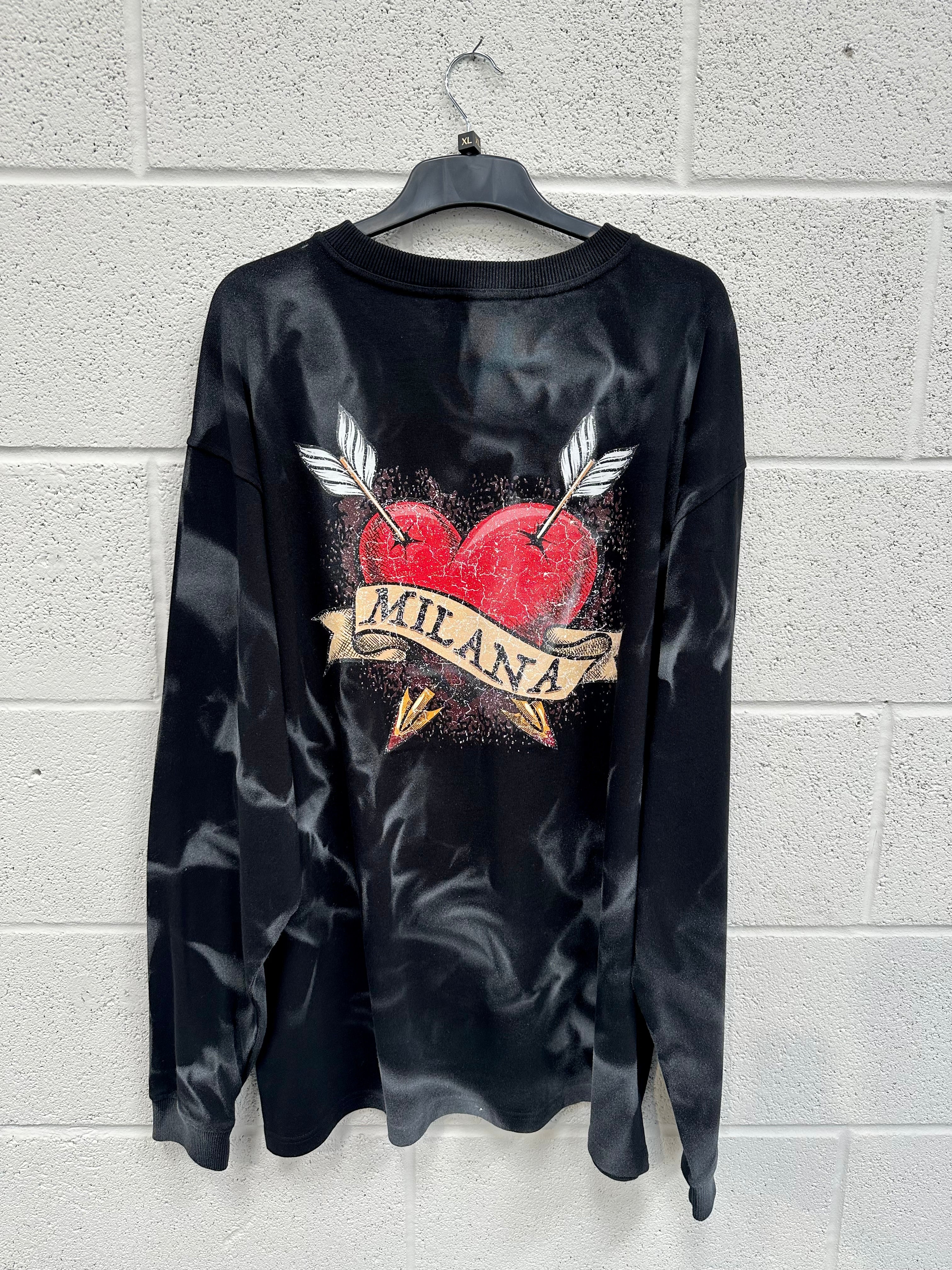 #W25 Black Spray Out Heart Heavyweight Long Sleeve.