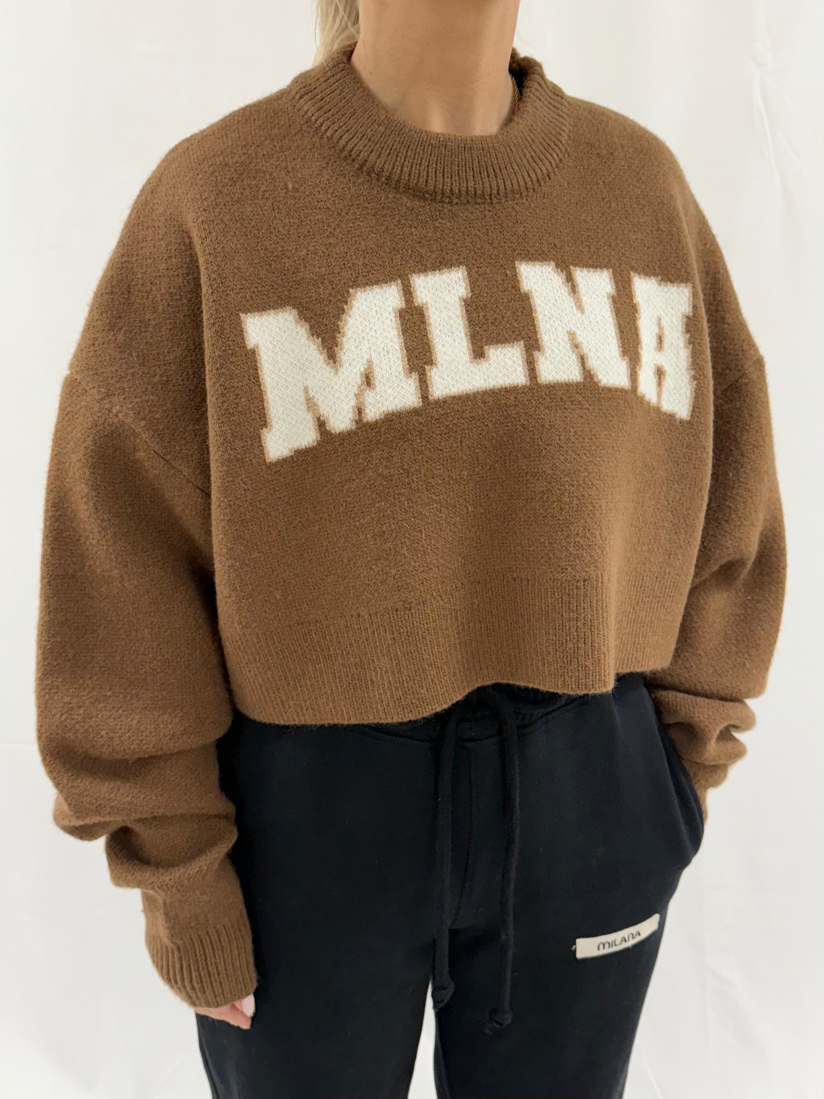 Chocolate MLNA Heavyweight Cropped Knitted Sweatshirt.