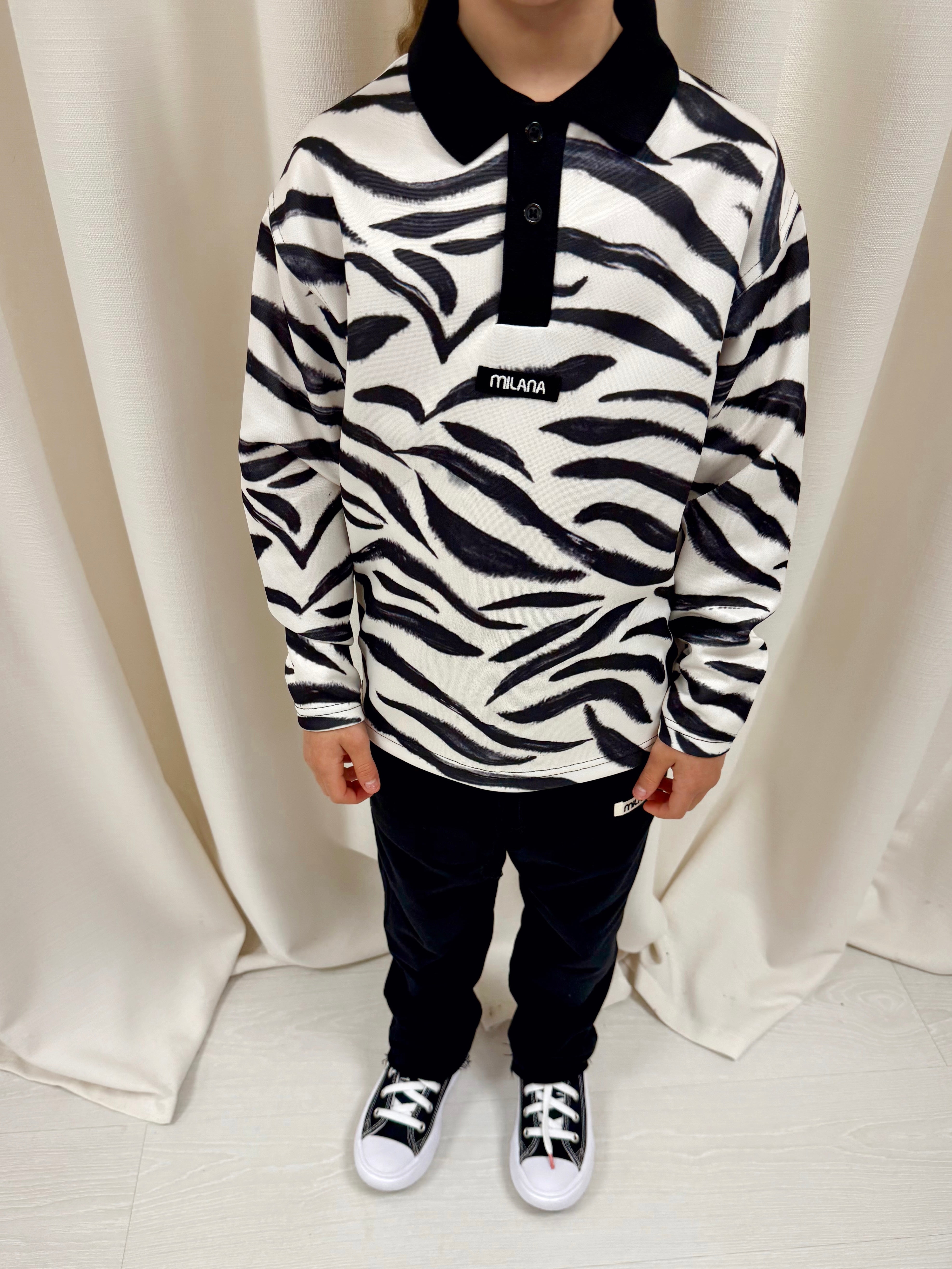 Zebra Print Kids Long Sleeve Polo.