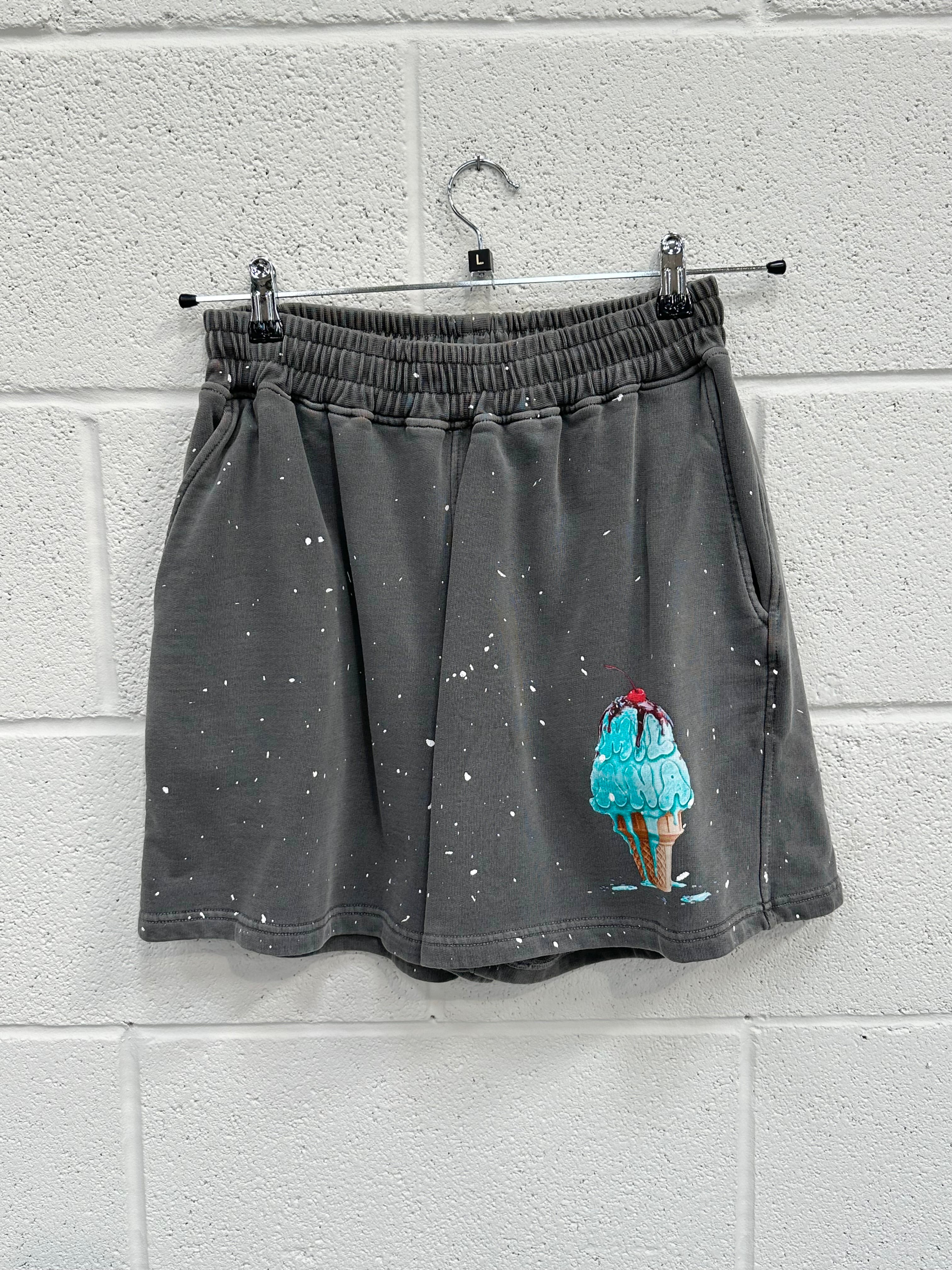 #M13 Washed Charcoal Splatter Ice Cream Mini Shorts.