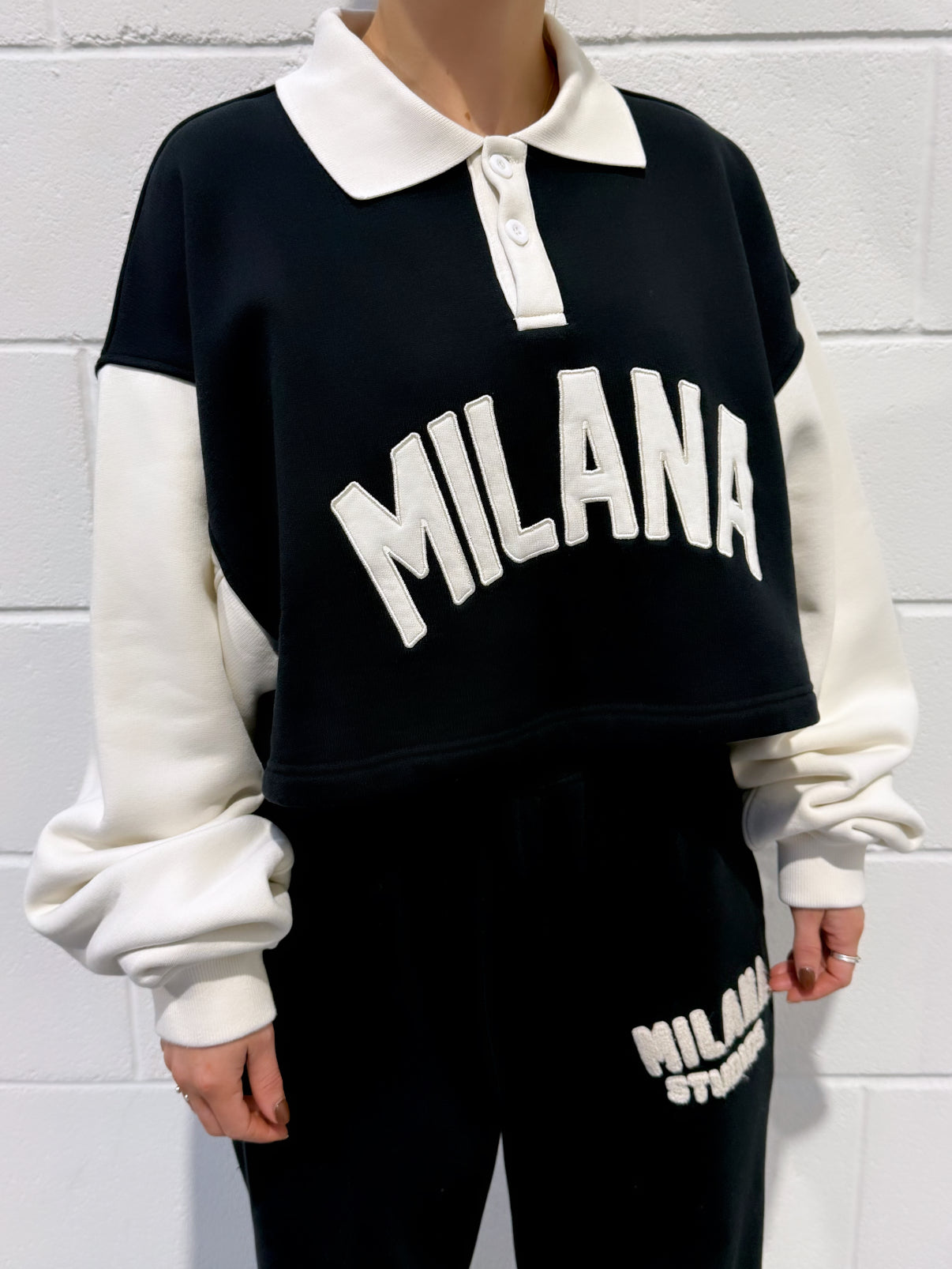 Black Milana Button Cropped Heavyweight Polo Sweat.