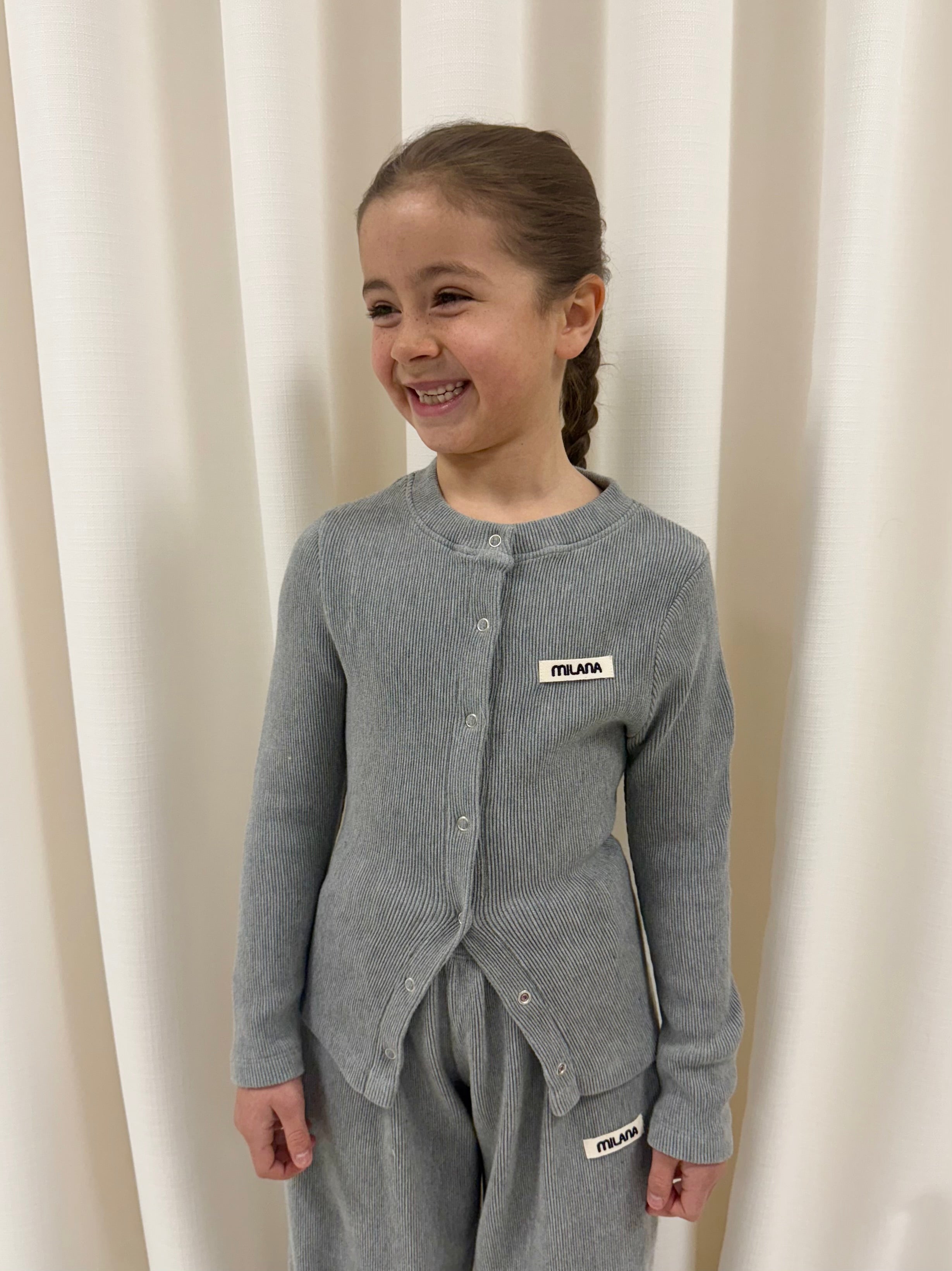 Marl Grey Button Soft Rib Kids Long Sleeve.