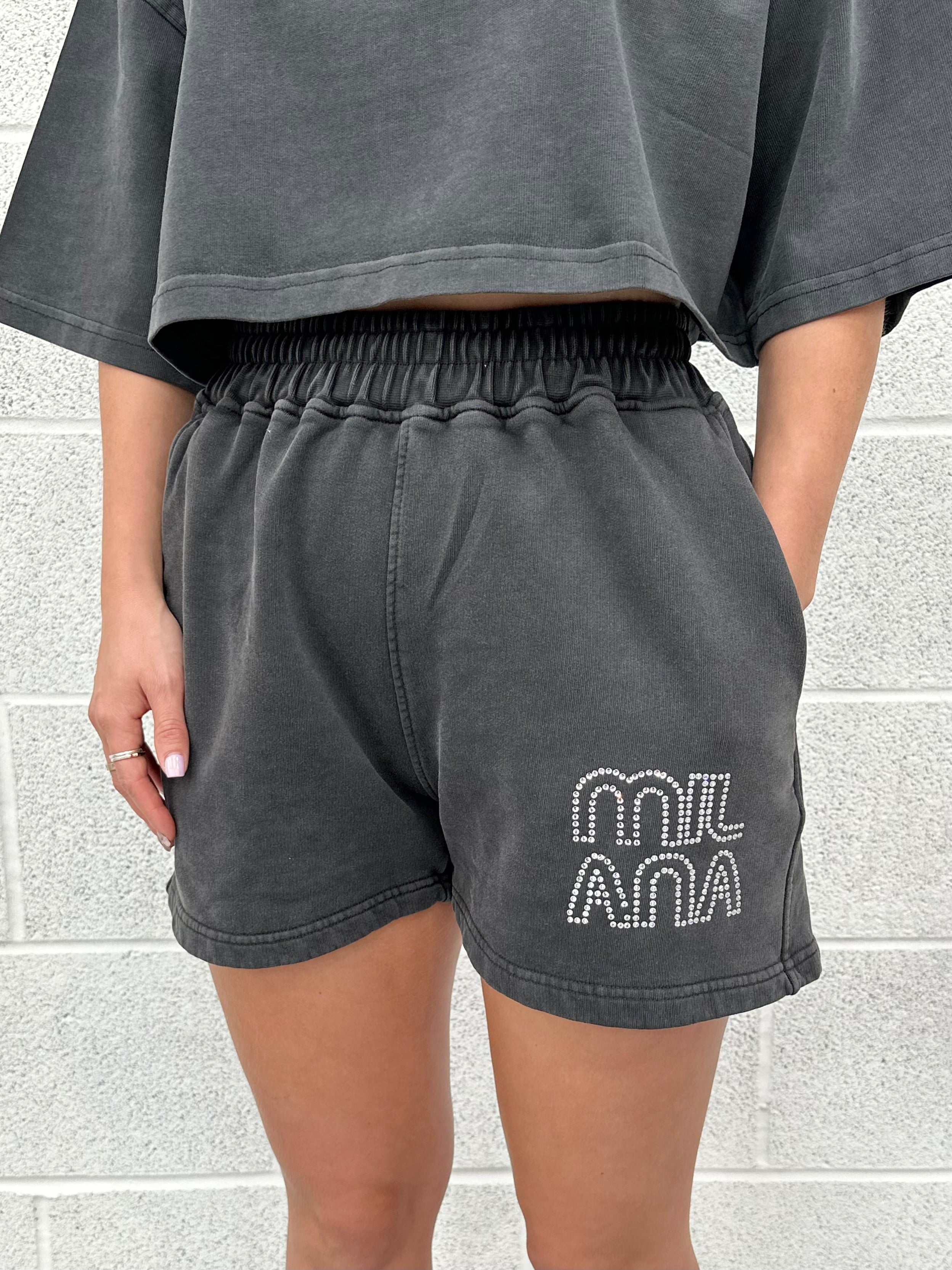 Washed Black Crystal Mini Shorts.