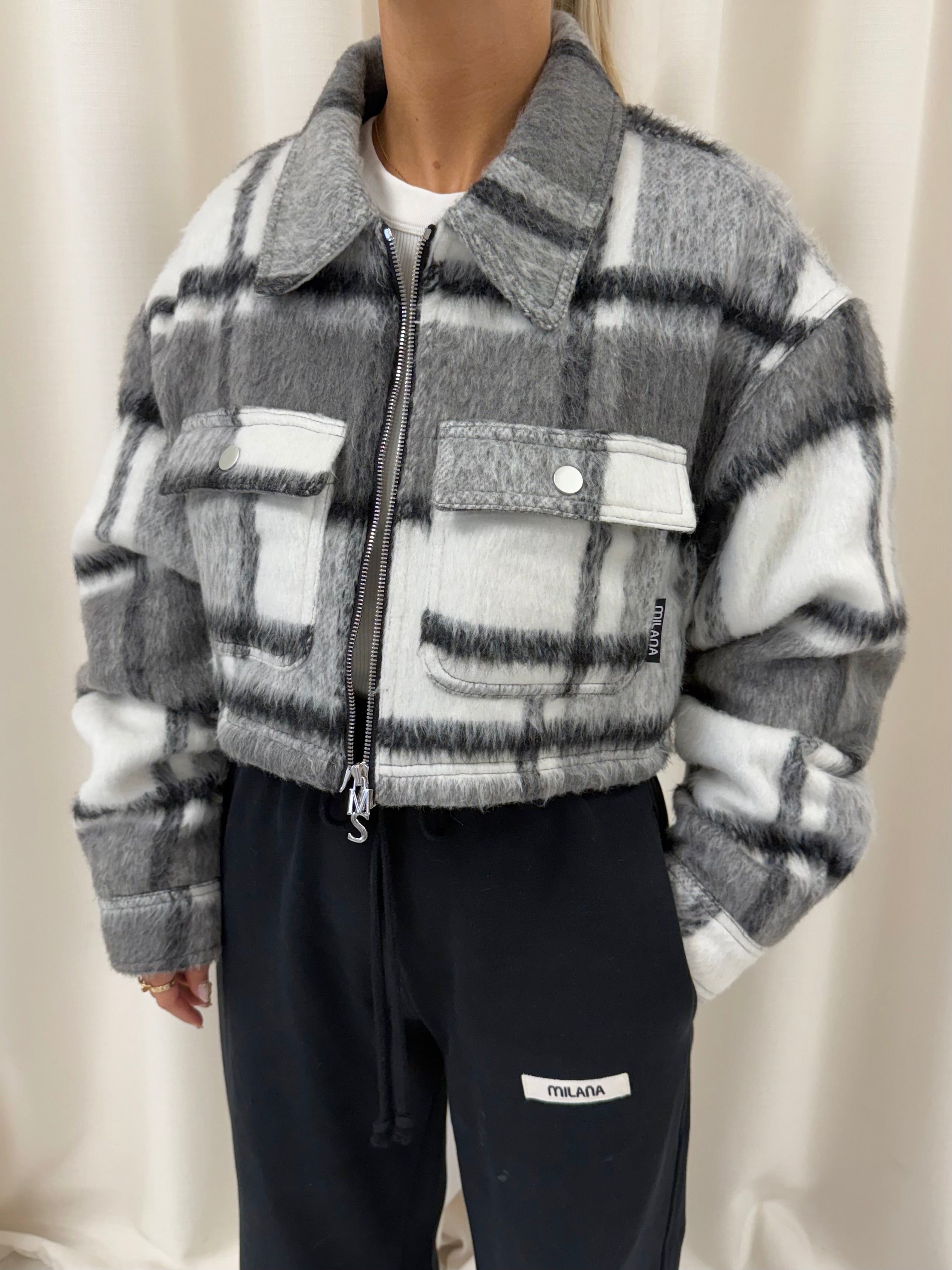 Charcoal Check Cropped Flannel Trucker Jacket.