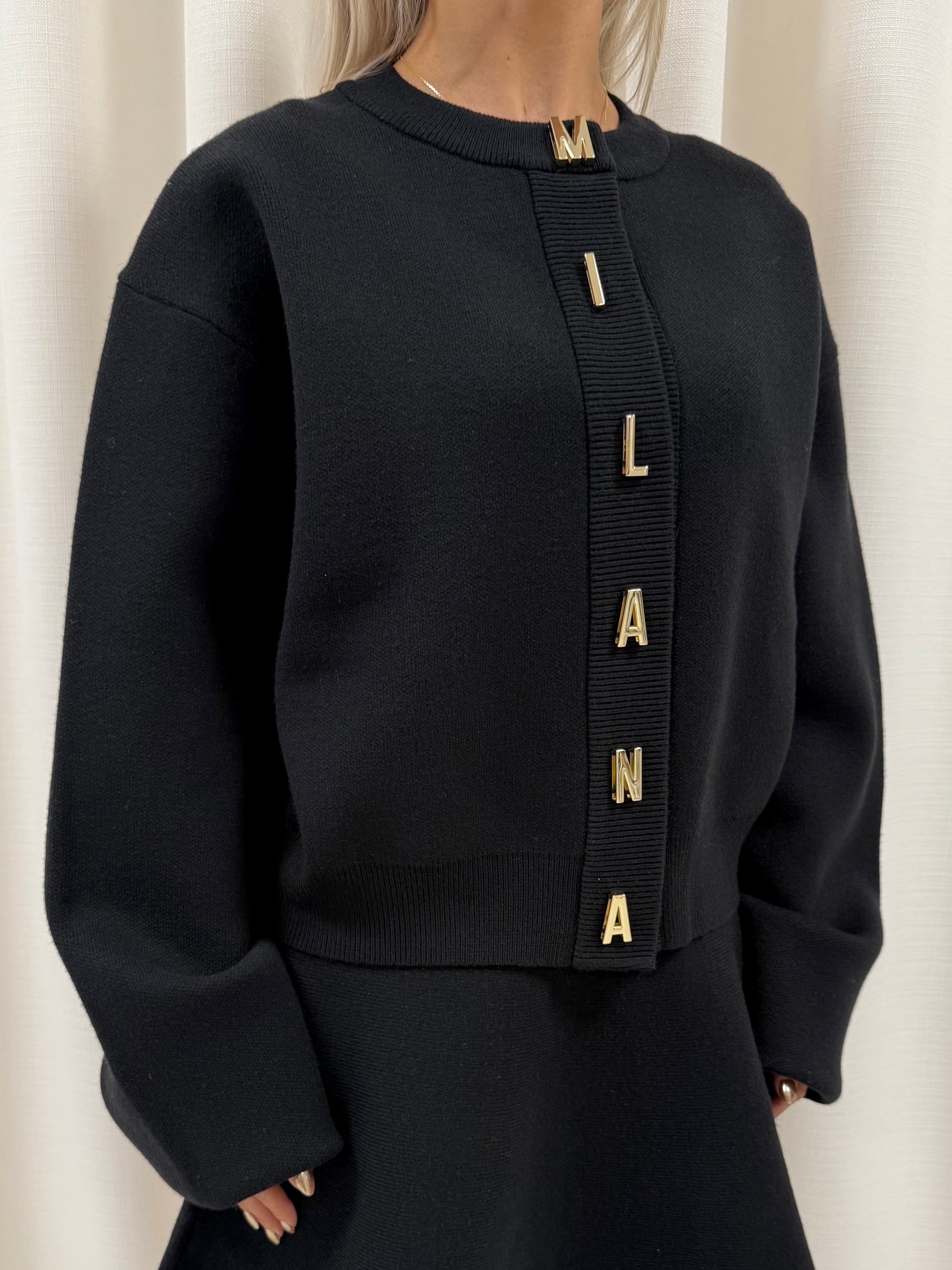 Black Milana Lettered Knitted Cardigan.