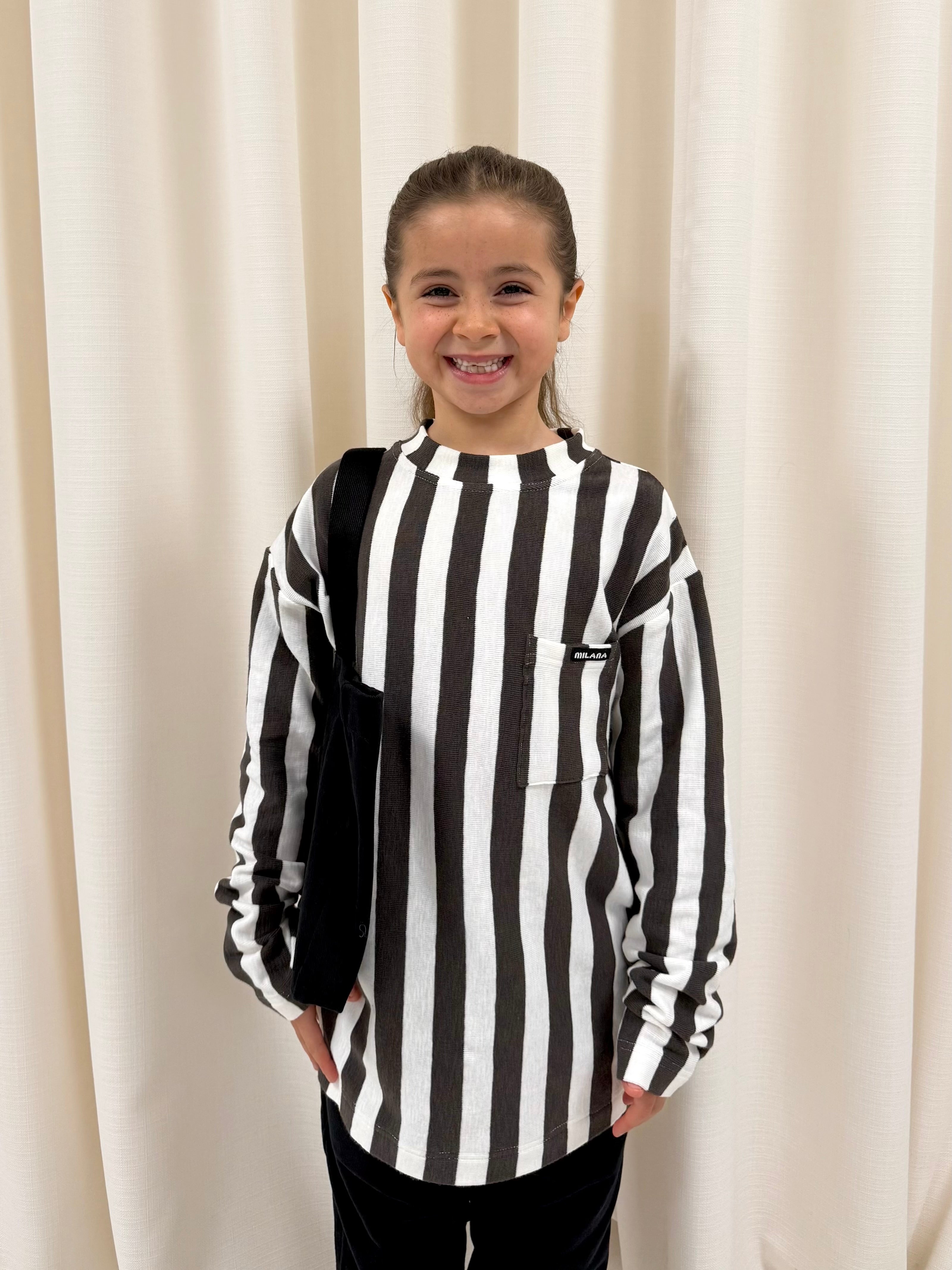 Cream and Charcoal Striped Kids Knitted Long Sleeve.