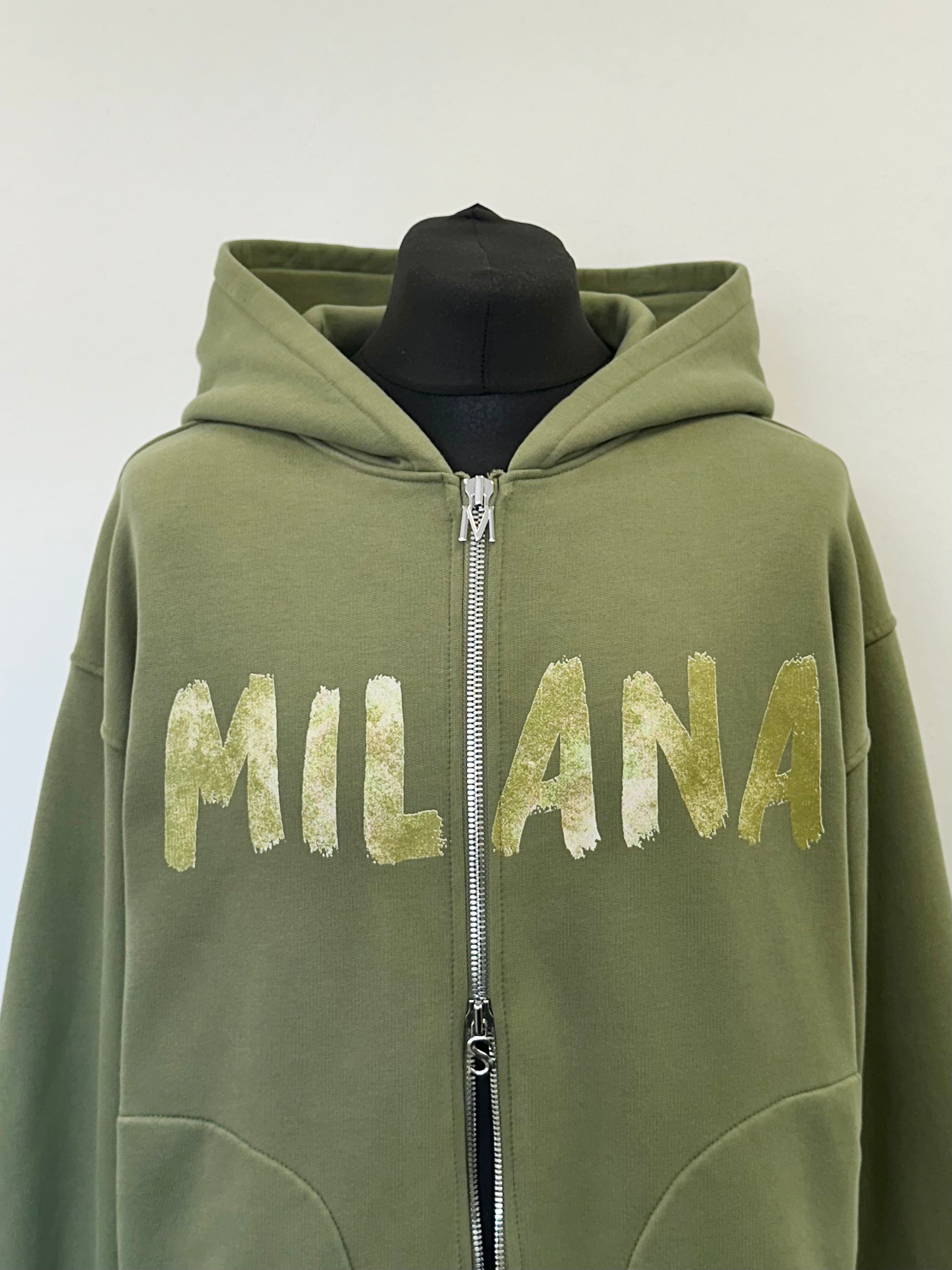 Military Green Paint Heavyweight Zip Hoodie.