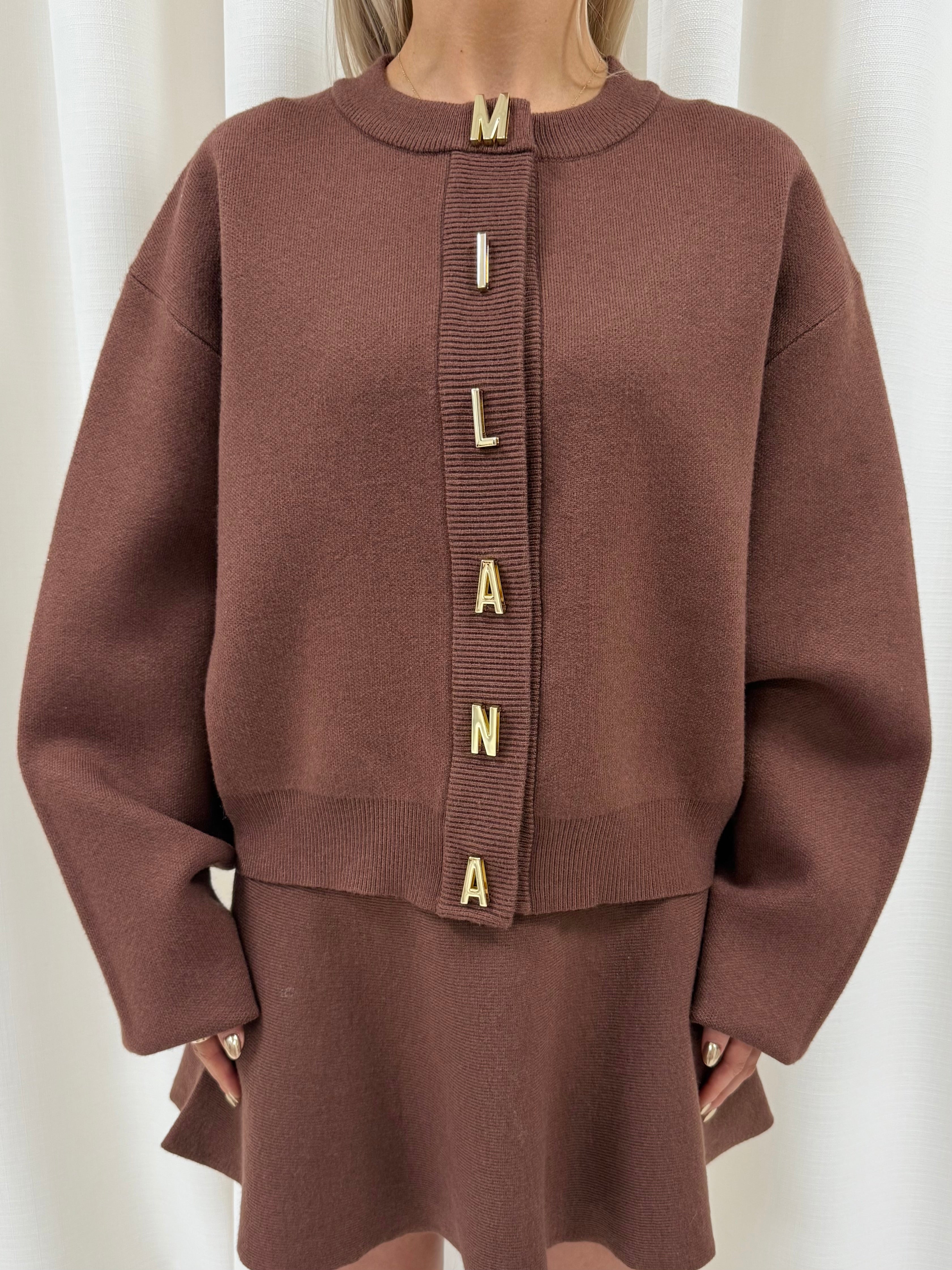 Chocolate Brown Milana Lettered Knitted Cardigan.
