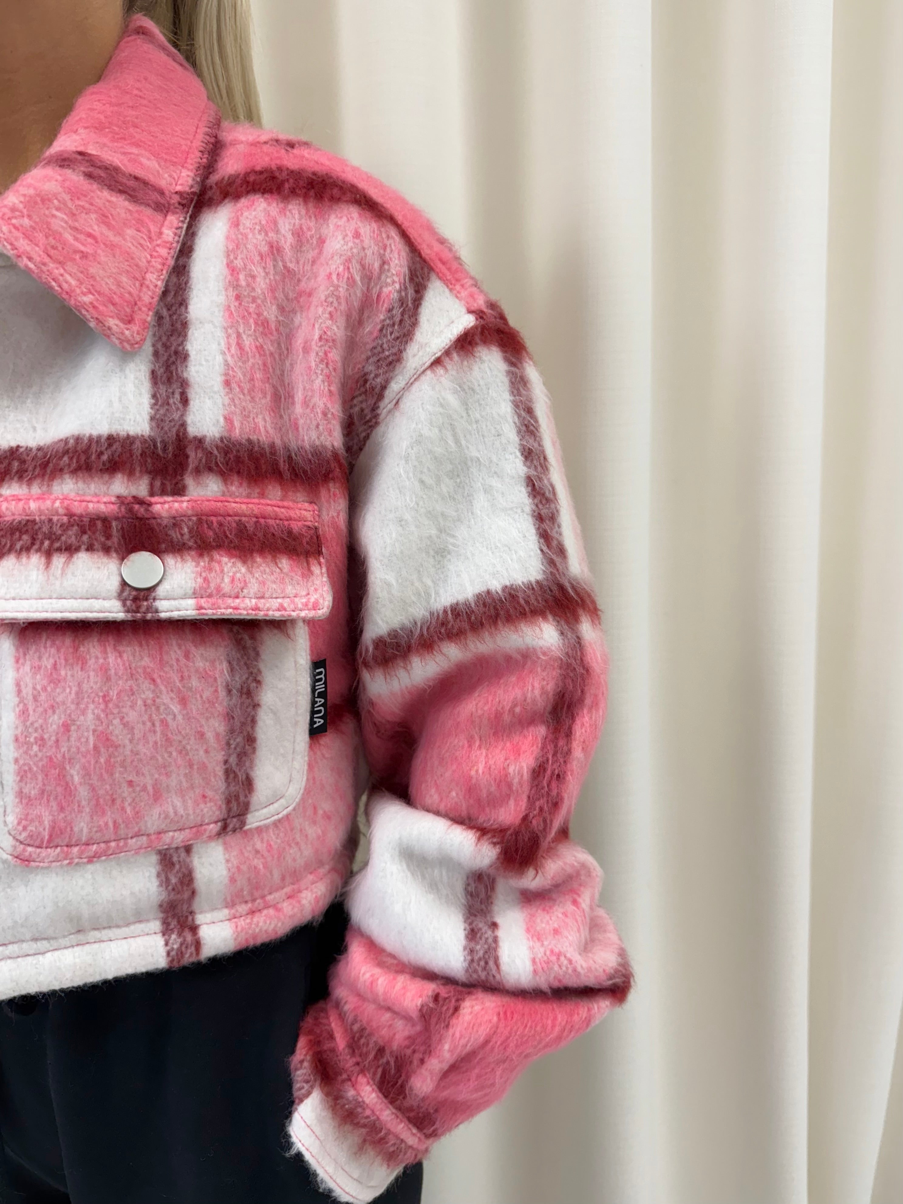 Pink Check Cropped Flannel Trucker Jacket.