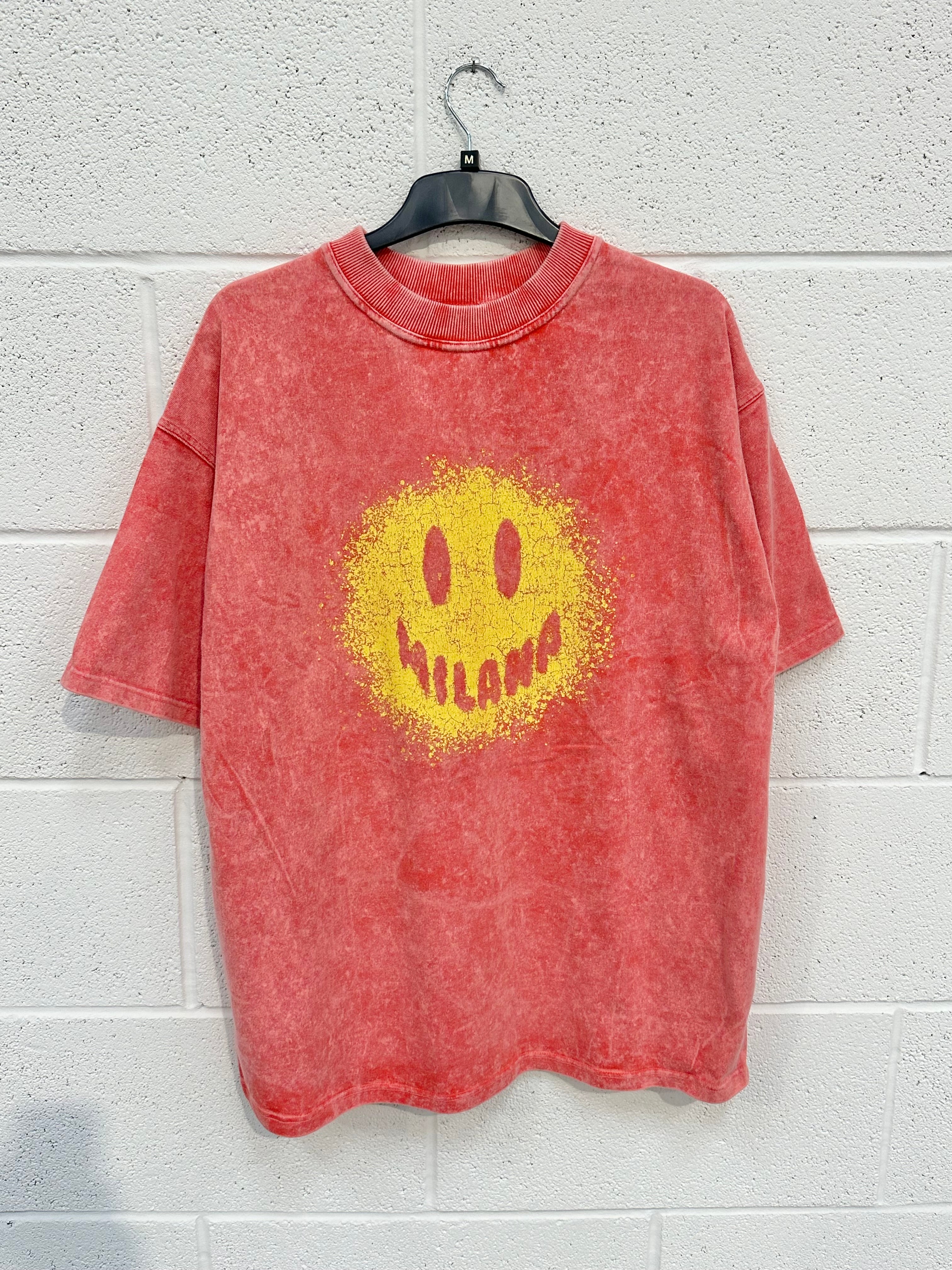 #P5 Washed Red Splatter Smiley Heavyweight T-shirt.