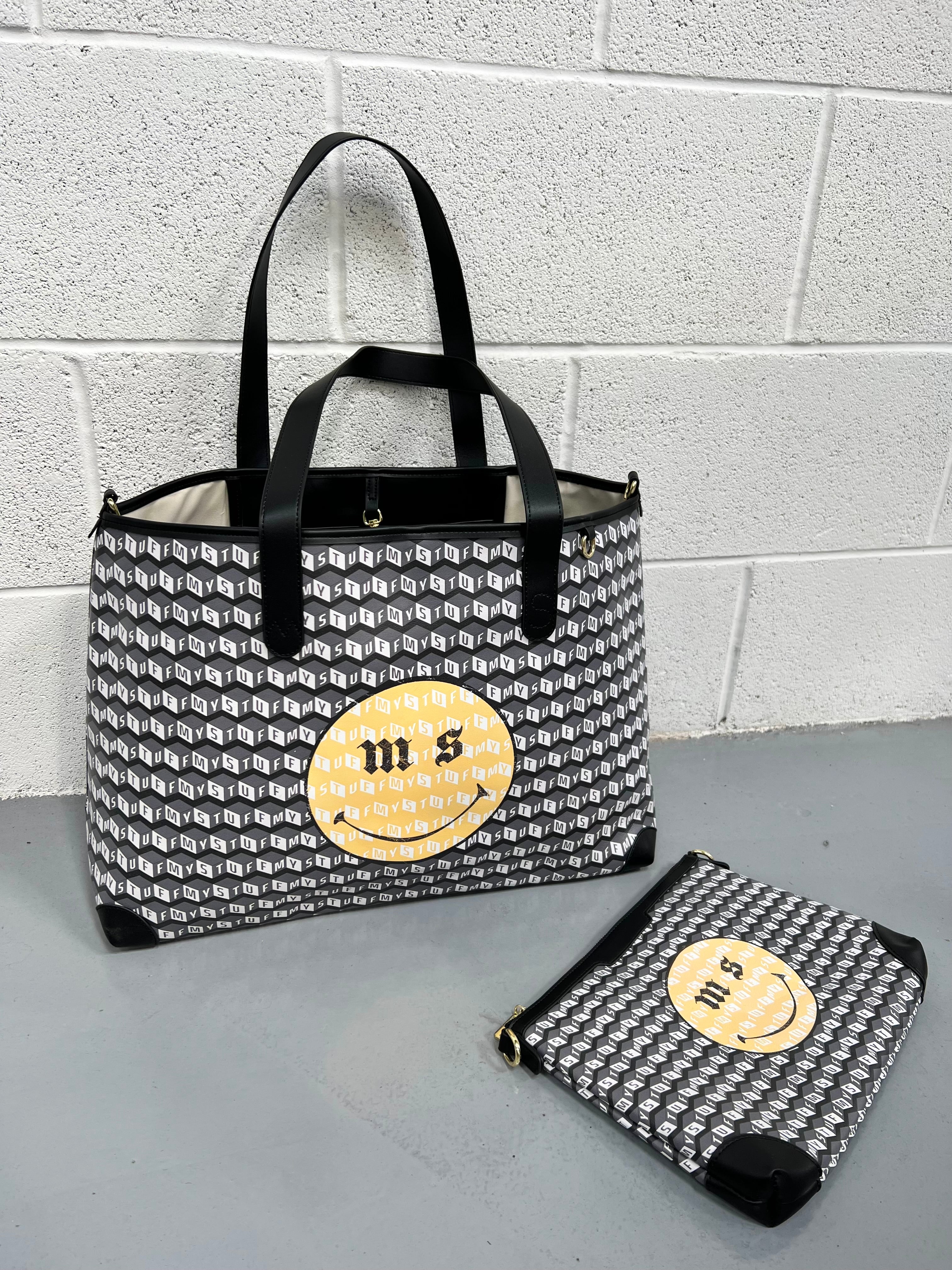 Black Smiley Leather Tote Bag - 2 Piece.