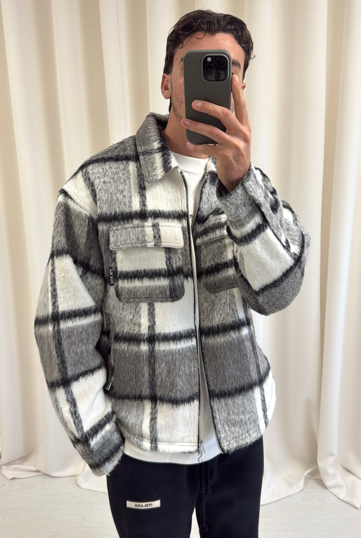 Charcoal Check Flannel Trucker Jacket.