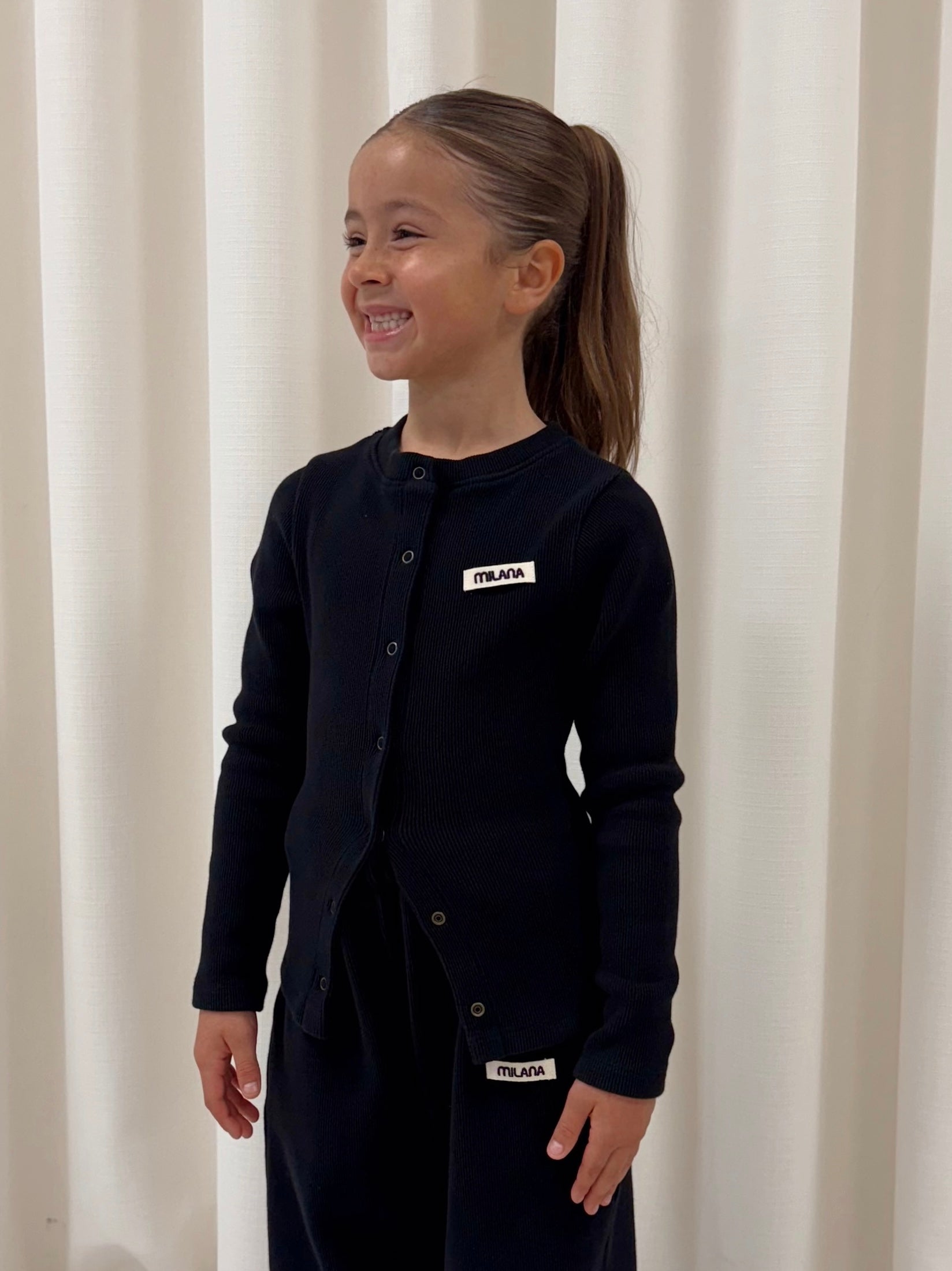 Black Button Soft Rib Kids Long Sleeve.