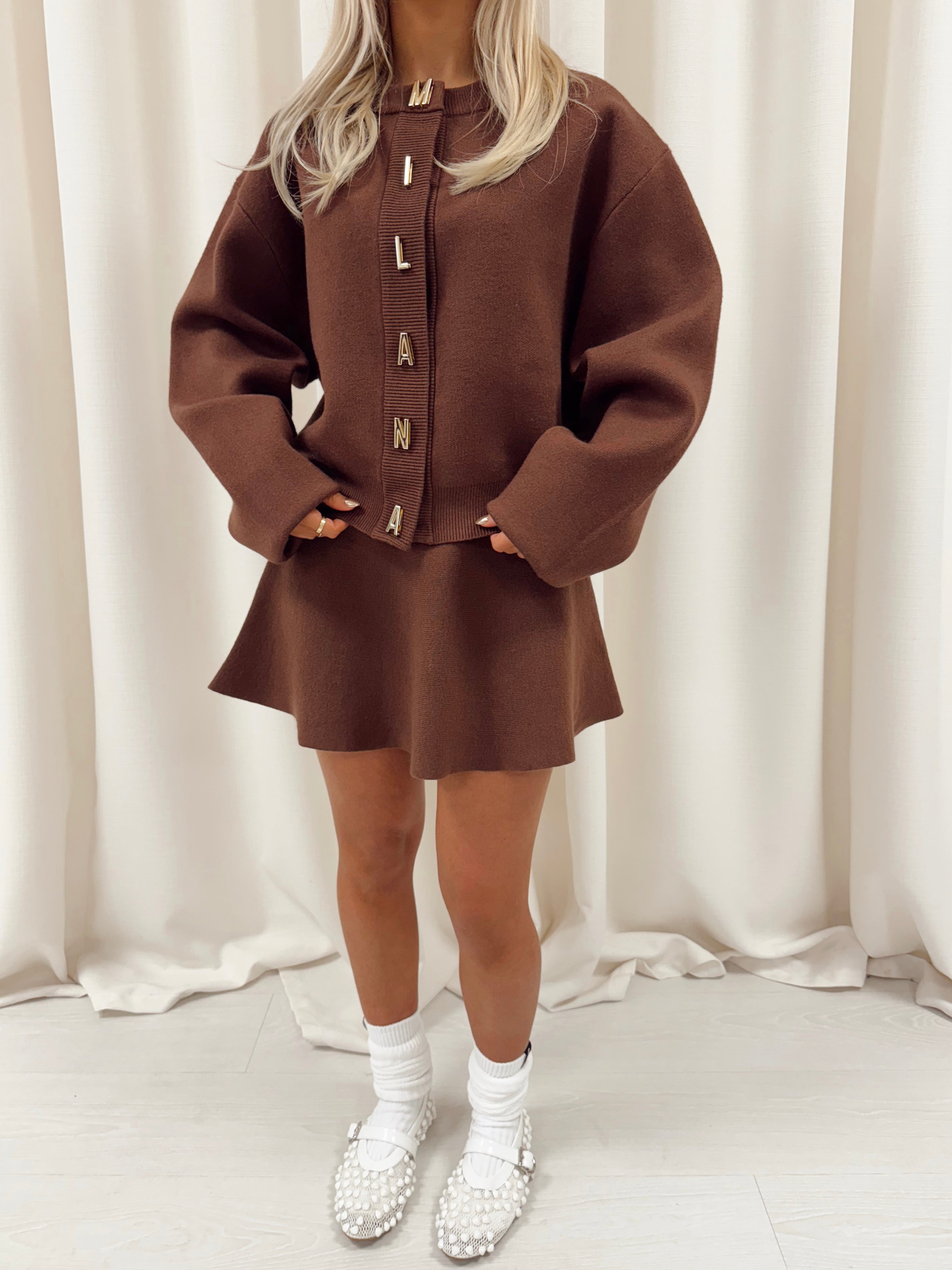 Chocolate Brown Milana Lettered Knitted Cardigan.