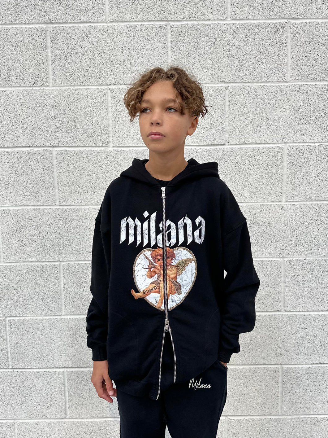 Black Cherub Kids Zip-Up Hoodie. - Milana Studios