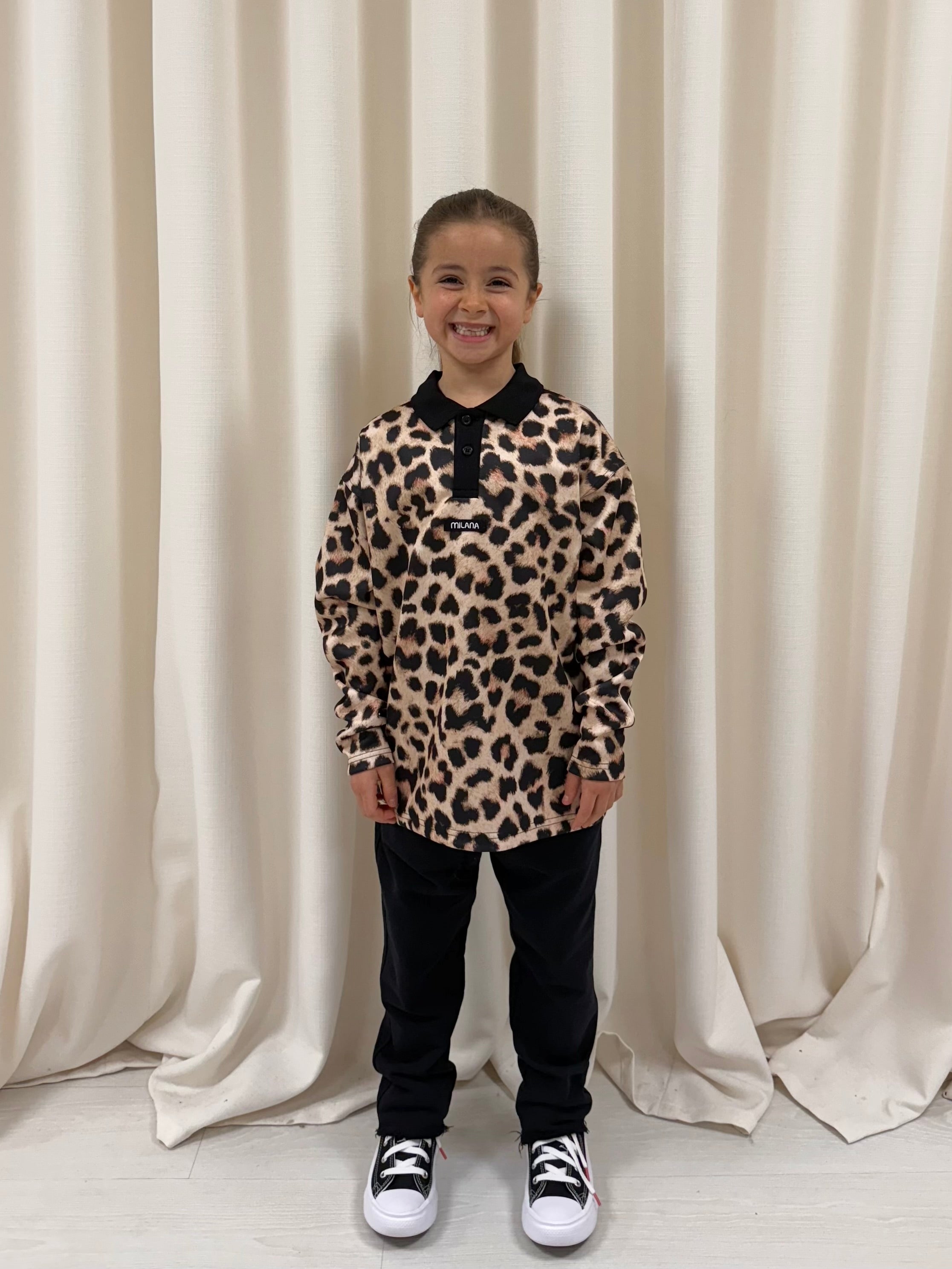Leopard Print Kids Long Sleeve Polo.