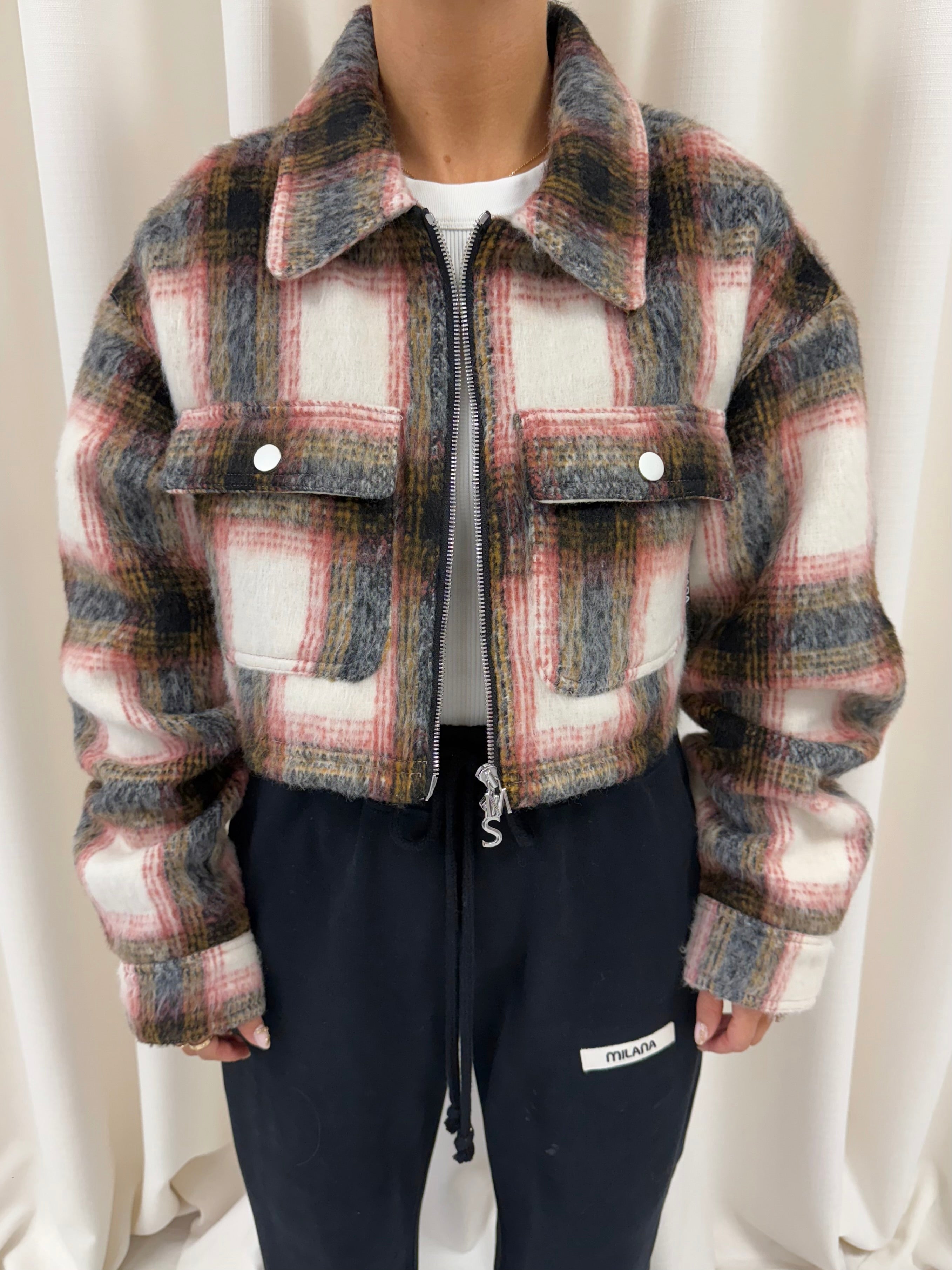 Rust Check Cropped Flannel Trucker Jacket.