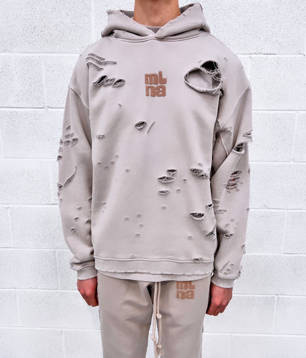 Washed Taupe Heavyweight Distressed Hoodie.