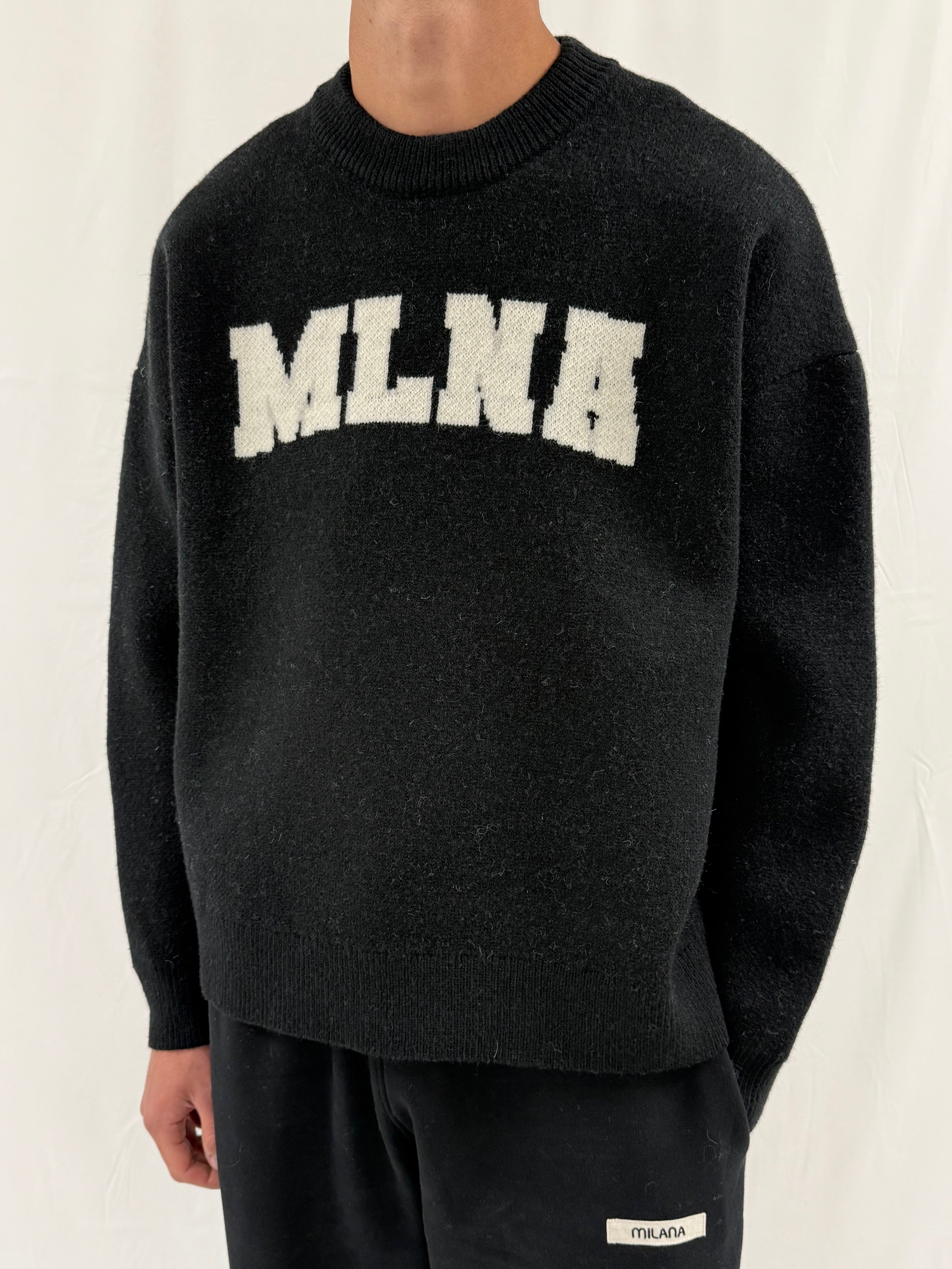 Black Speckled MLNA Heavyweight Knitted Sweatshirt.