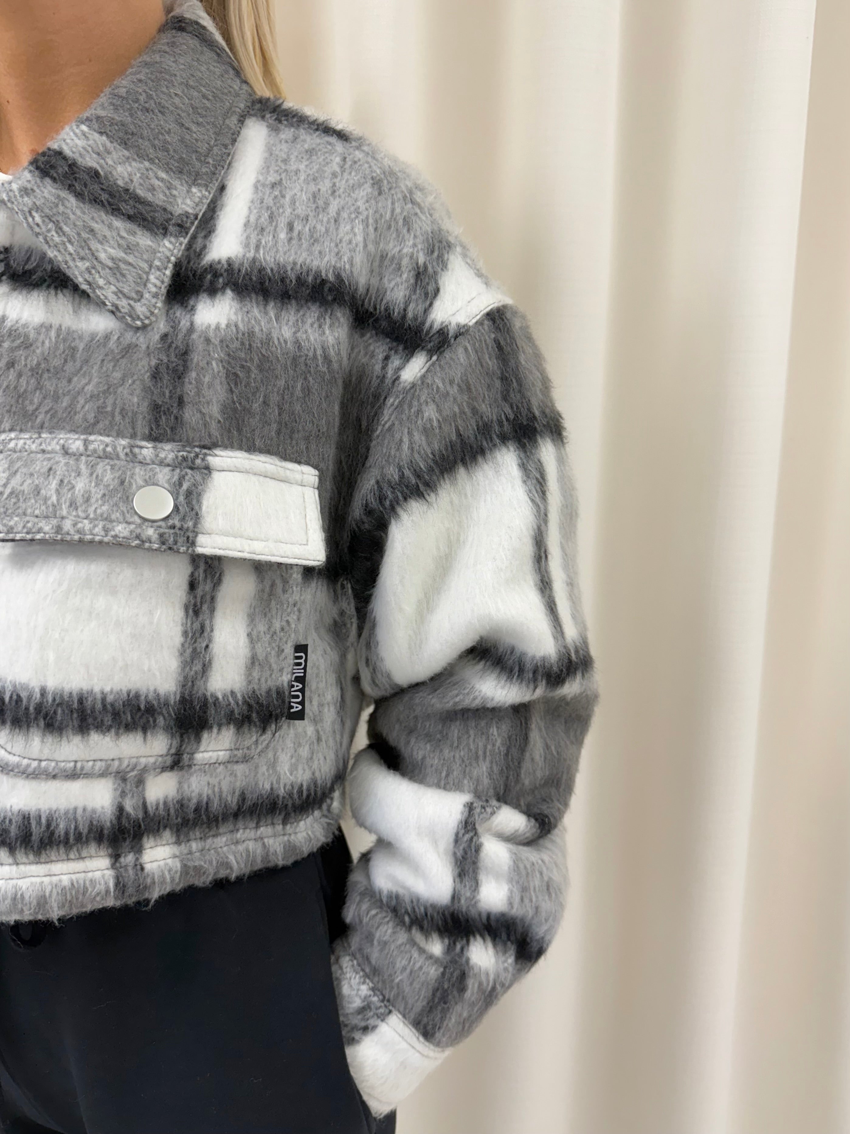 Charcoal Check Cropped Flannel Trucker Jacket.