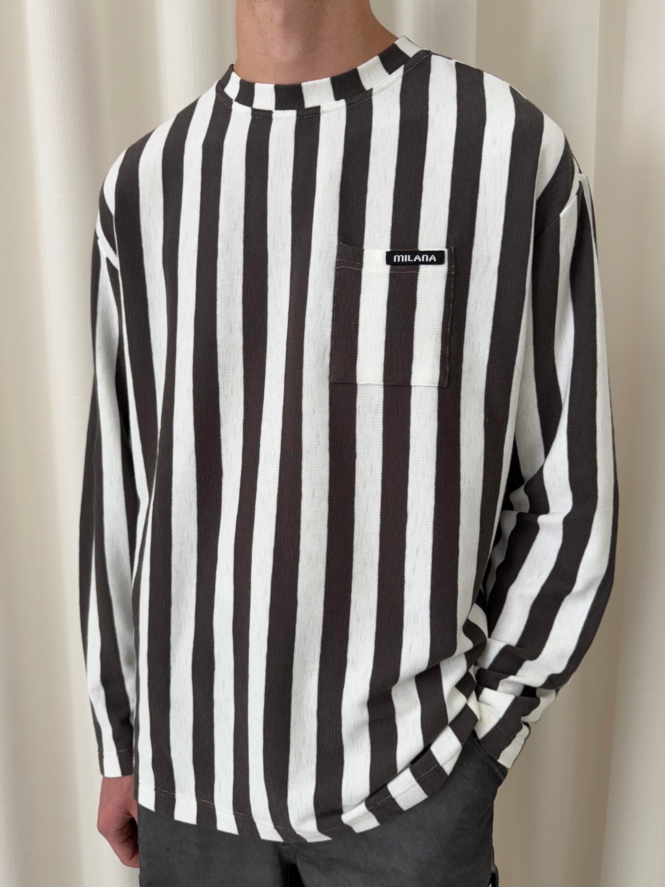 Cream & Charcoal Striped Knitted Long Sleeve.