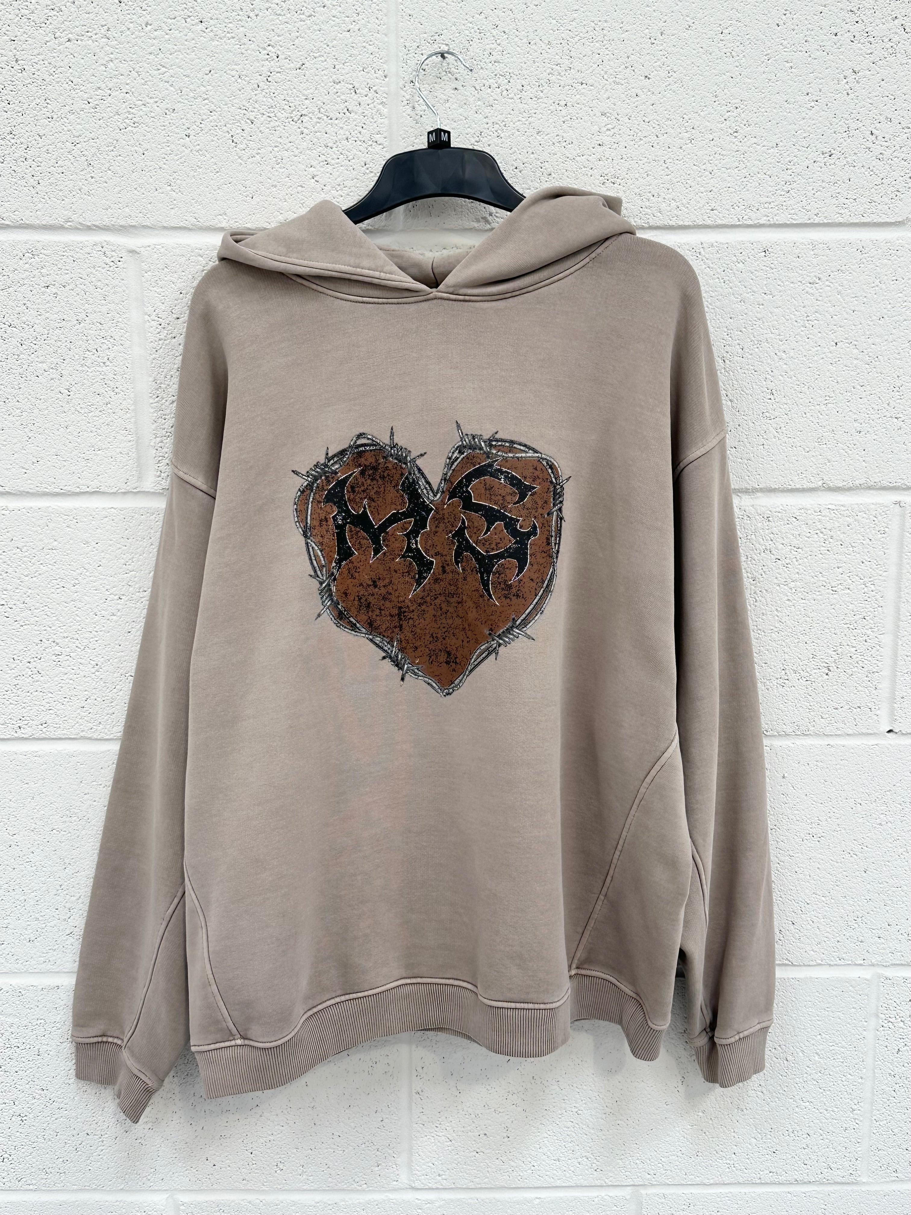 #H18 Washed Taupe Heart Heavyweight Hoodie.