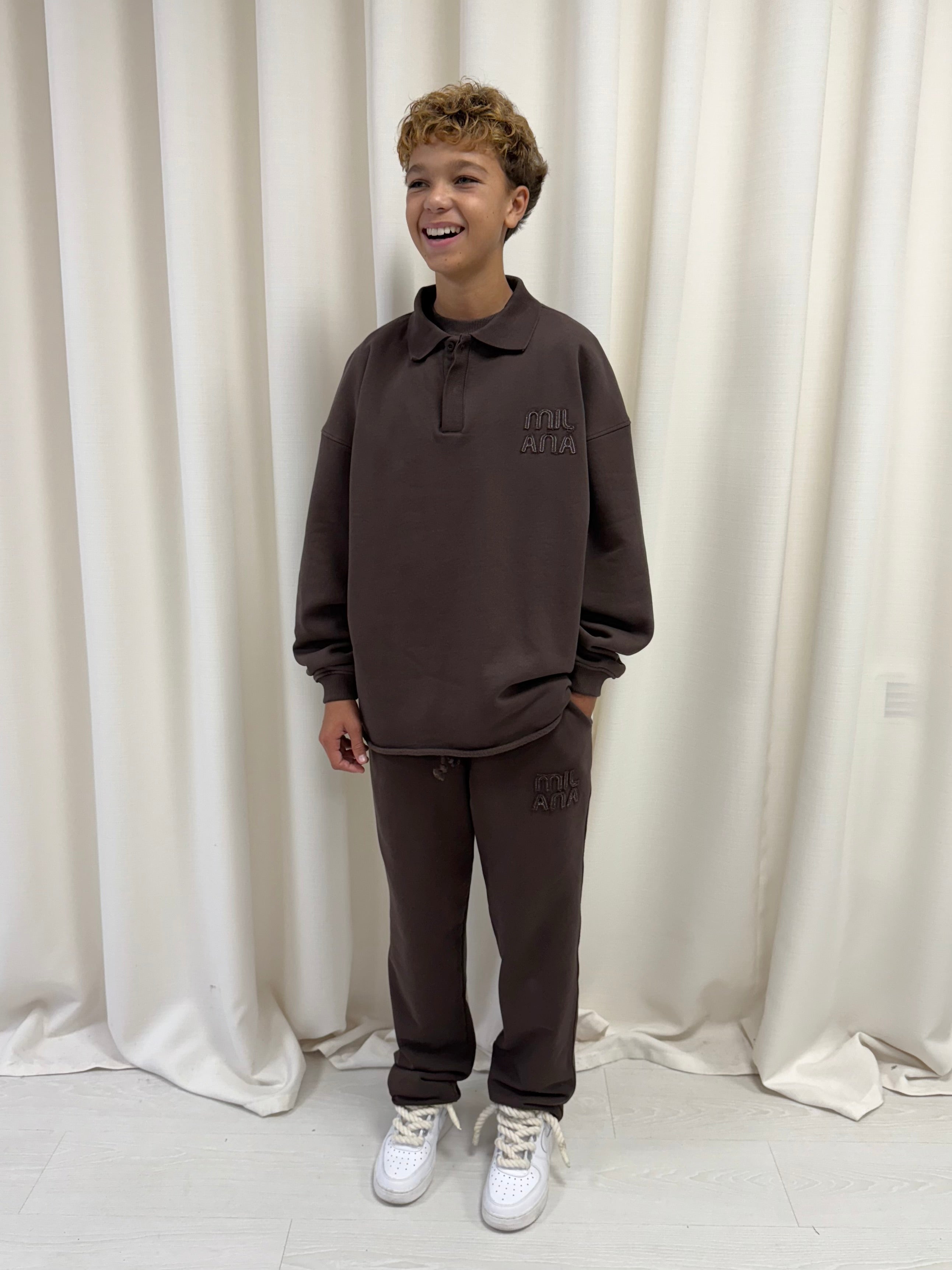 Chocolate Brown Appliqué Kids Relaxed Sweatpants.